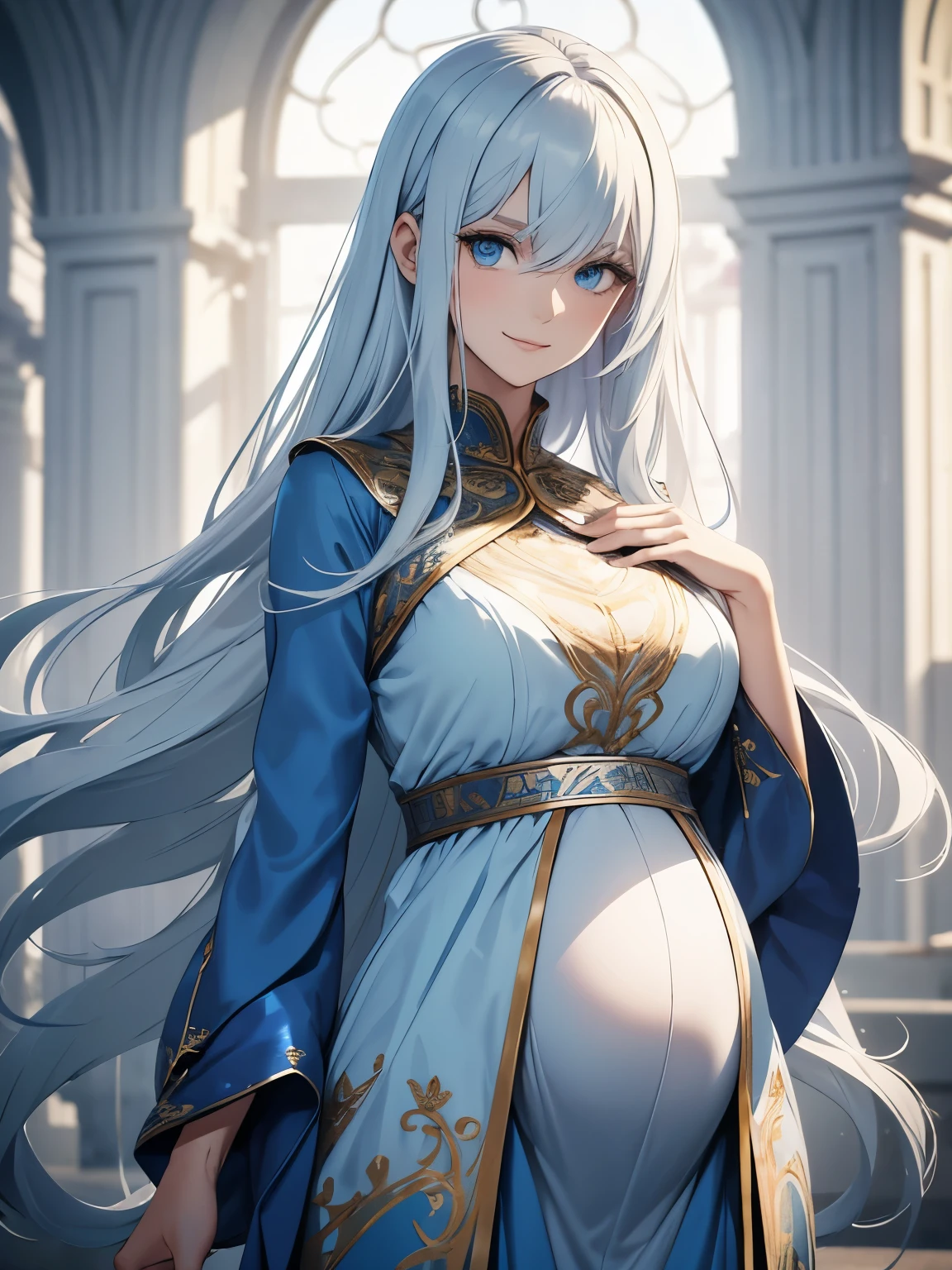  An adult white woman alone. age 34 years. height 1,80. pregnant. whole body. long loose light blue hair .  long loose hair . Blue silk garment . Composite clothing. kind look.  bright blue eyes .  detailed eyes. gentle face , smiling.  dynamic pose . 