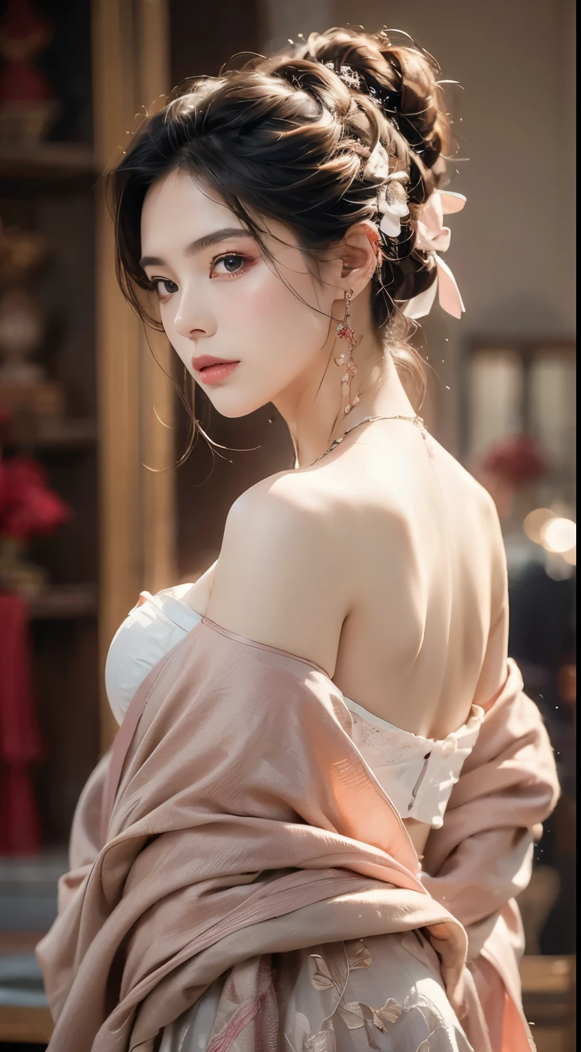 Best Quality, Masterpiece, Ultra High Resolution, (Realisticity: 1.4), Original Photo, 1girl, Pink Off-the-Shoulder, Cinematic Lighting