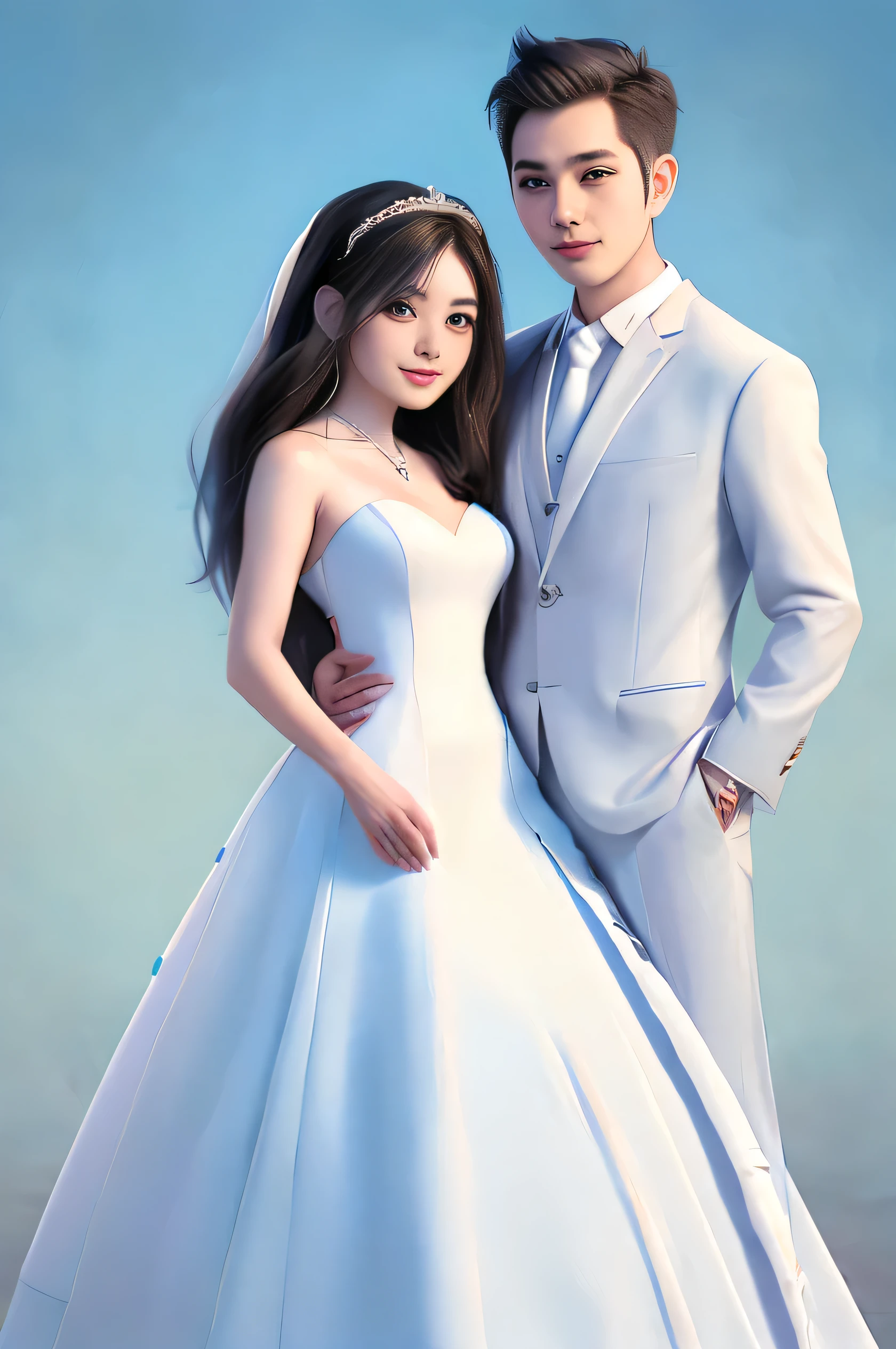 There is a man and a woman posing together for a photo, wedding photo, bride and groom, royal elegant pose, couples portrait, wedding photography, professional wedding photography, couple pose, roberto ferri and ruan jia, in wedding dresses, couples portrait, & Li Zhiheng & ample, Wearing a headdress, cute couple, elegant couple, Weddings, crown and gown