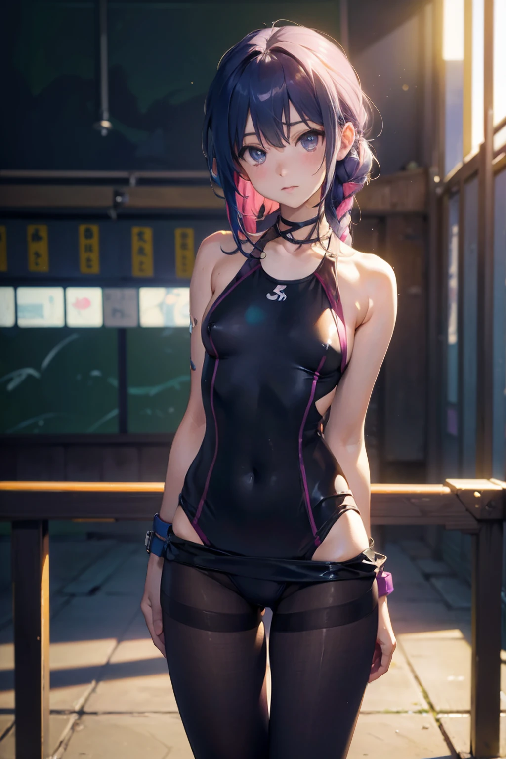 Blushing、、Black Hair、Semi-long hair、Pale purple eyes、Head to toe full body、Blushing、Embarrassed look、Composition from the front、A view from slightly below、school swimwear、Acme Face、Random pose、, Medium Hair、、Pale blue eyes、Pink Hair、nsfw、Highest quality、1 girl、solo、Ocean、Sandy Beach、Sexy pose、Random pose、Blushing、Wet、Embarrassed、I can see half of my 、、One piece swimsuit、(Strap slip:1.3)、School Swimsuit