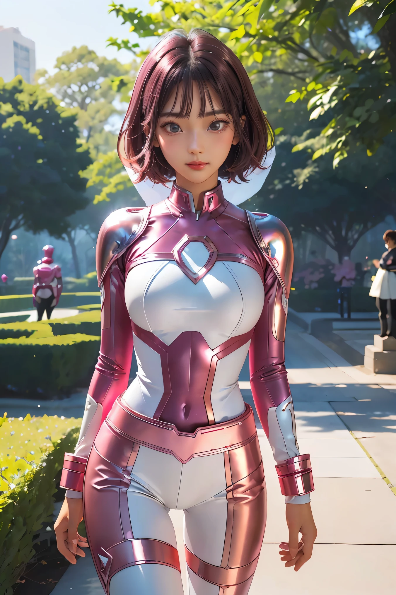 ((PinkRanger, EnakoV1)), 1girl, A beautiful 20 years old Japanese girl, Angelic, cute face,
Beautiful detailed eyes,
(Large eyes:1.3),long eyelashes,
see-through bangs,
(beautiful detailed face and eyes:1.4),
Beautiful short dark hair, beautiful smile,
(Best Quality:1.2),
Raw photo,
High resolution,
perfect detail,
Professional Photography,
Professional Lighting, (Metallic coral magenta and White Hero Suit:1.3), Ultra-tight fit bodysuit, Belt, Huge breasts, Beautiful legs, Strong lighting of the bodysuit,in the park, sexy figure:1.2, half body portrait