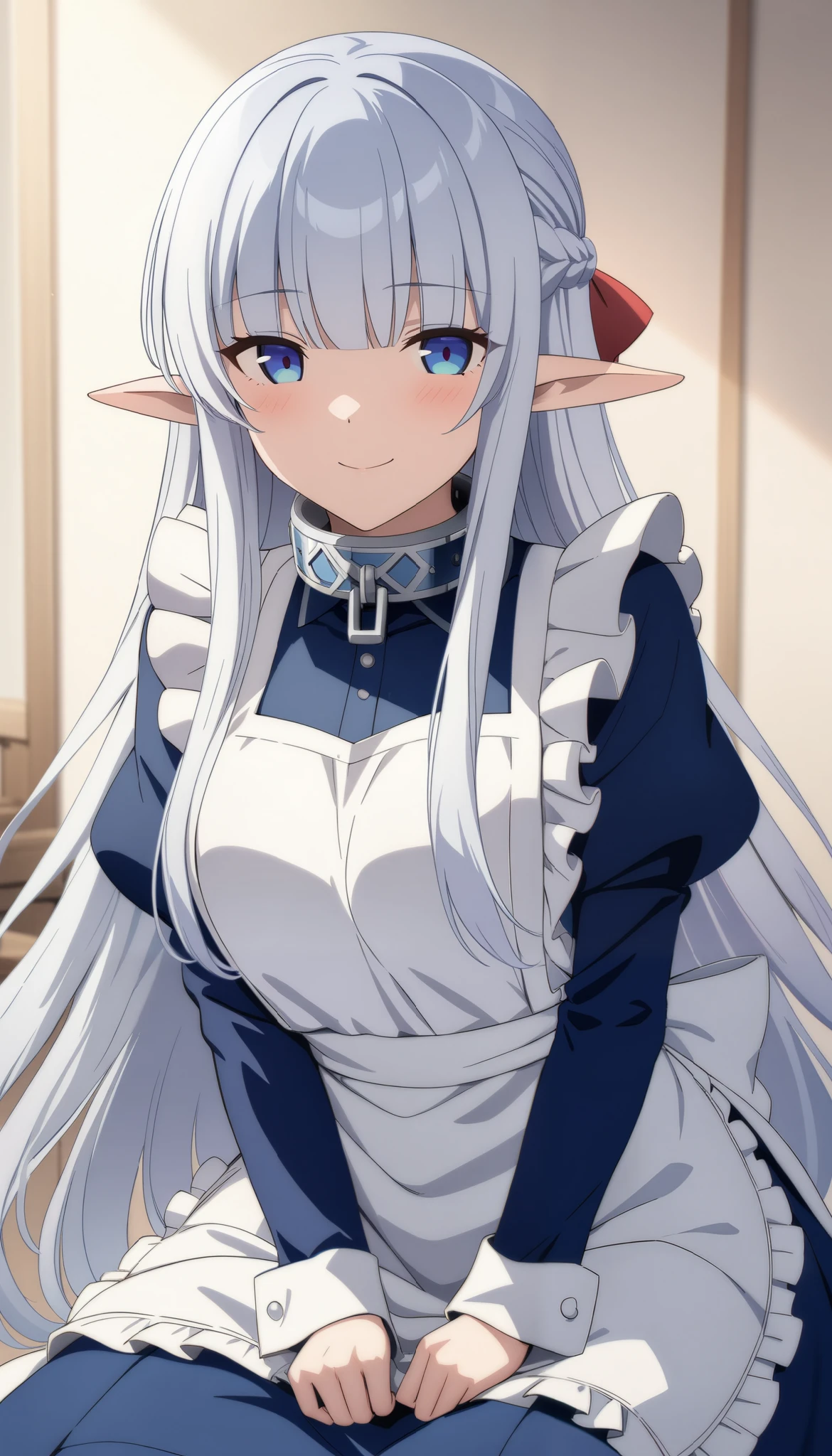 (masterpiece, best quality, very aesthetic, ultra detailed), intricate details,
1girl, nephilia, elf, collar, apron, maid, blue dress, long sleeves, puffy sleeves, juliet sleeves, frills, smile, looking at viewer,