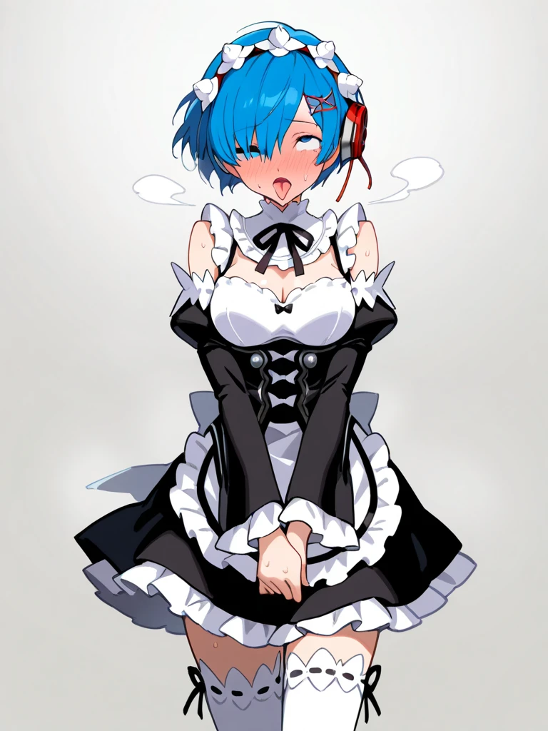 1girl,solo,full body,standing,(blue hair:1.2),short hair,x hair ornament,hair ribbon, hair over one eye,(blue eyes:1.2)(beautiful fingers:1.2),(perfect anatomy:1.4),(arms_behind_back:1.6),(cold_shoulder:1.2),(latex luster shiny glossy metallic:1.6),(shiny_clothes:1.6),medium breasts,(masterpiece),best quality,(Ultra high definition eyes:1.2),8k,(Beautiful detailed eyes:1.2),(Fine and beautiful eyes:1.2),(pretty eyes:1.2),finely detail,extremely CG, absurdres,high resolution,illustration,Detailed and beautiful outlines,finely detail,high resolution,(colorful refraction:1.4,Increase saturation:1.2),beautiful lighting,dynamic lighting,closed room,black background,simple background, smile,looking at viewer,aarem, maid headdress, frills, neck ribbon, cleavage, dress, detached sleeves, white apron, waist apron, white pantyhose