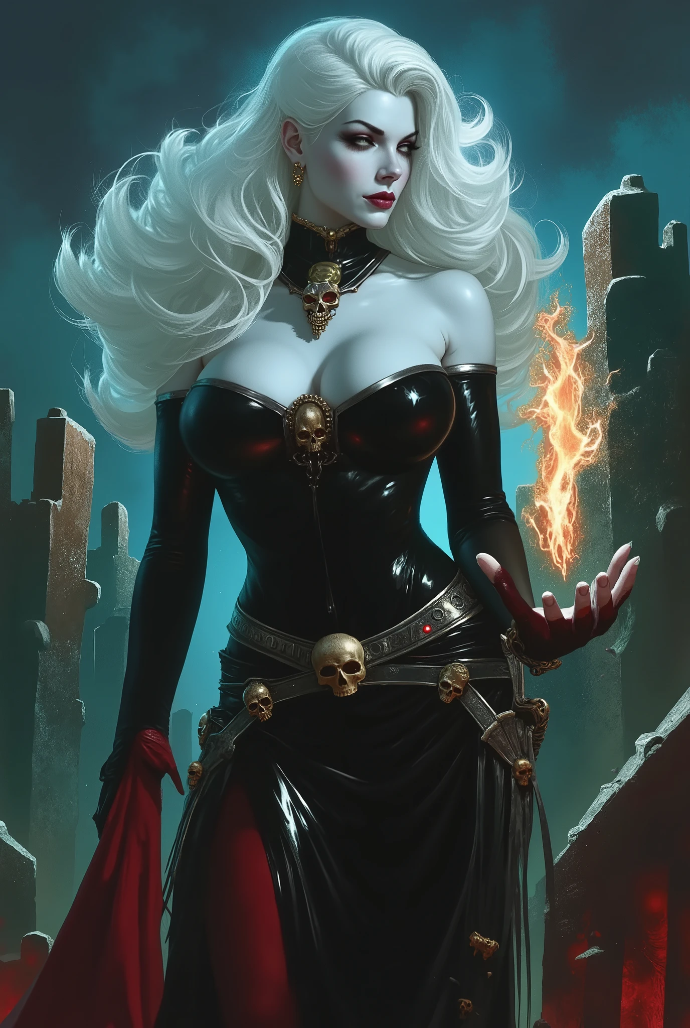 Uma mulher solo girl, Queen of Death, pale skinned, cabelos brancos, olhos brancos,  red-lips, goth makeup, expression would be sensual, corpo sensual sexy, cintura fina, coxas grossas, usando um vestido antigo preto, ela usando um colar de caveira de prata, in the background a cemetery and she is holding a soul with her hand, detailed graphic bright and vibrant colors, whole body