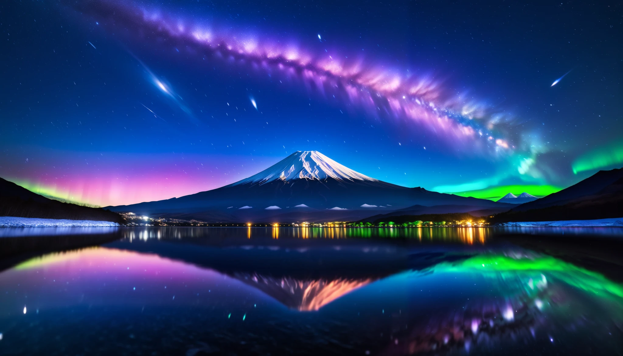 in ultra high quality, high definition , High Quality ,Spectacular views,(The giant Mt. Fuji up), the giant and realistic Milky Way galaxy that dazzles the night sky , sky full of stars,(The giant Mt. Fuji up),(Green and purple auroras ),An unbelievable number of stars々The brilliance,(A majestic, bright Milky Way star on a vast glacier々and the auroras shine are reflected )、(( the huge Mt. Fuji that rises in the center )),((The huge and majestic Mt. Fuji))、The glacier extends to the horizon 、 Jagged ice layers and snow-covered mountain peaks 、 reflects the colorful light above 。 BREAK The stars twinkle in the dark and clear sky 、 The surrounding landscape is wrapped in the surreal glow of the Milky Way 、 creates a mysterious atmosphere 。 BREAK The cool and clear air adds color to the landscape 、 snow shines in the milky way and the gentle light of auroras、 The frozen wilderness is so calm that it seems unbelievable。An unbelievable amount of stars々,I can see lots of meteor showers ,