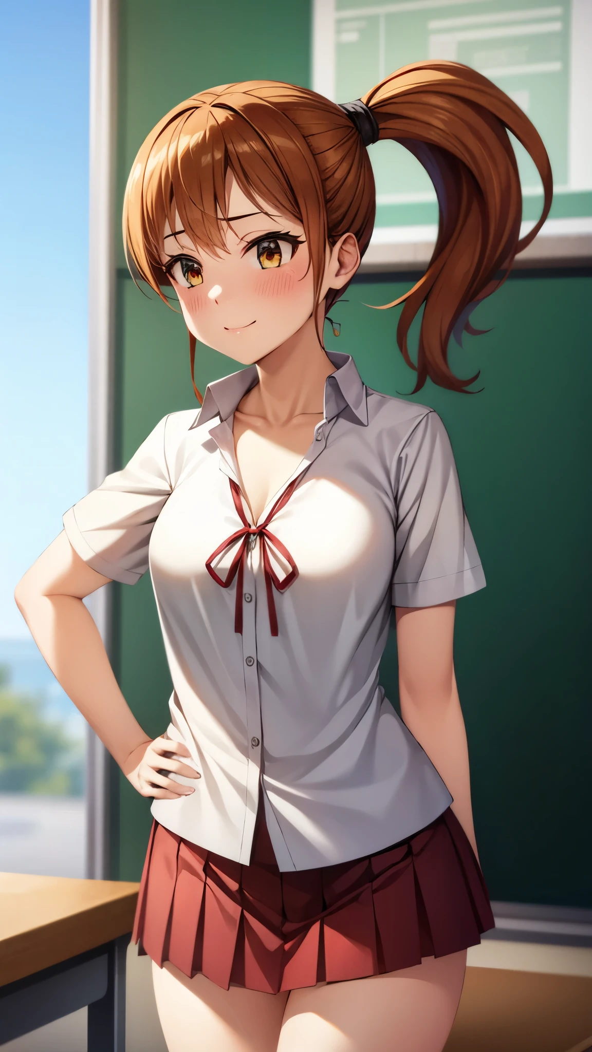 （ Super high quality, super high definition,16k,super masterpiece,Ultra HD ,Detailed shading and background,） sexy girl ,Orange hair in a ponytail,sexy white shirt, red ribbon, red mini skirt ,smile,blush, The Classroom Where the Rising Sun Shines,