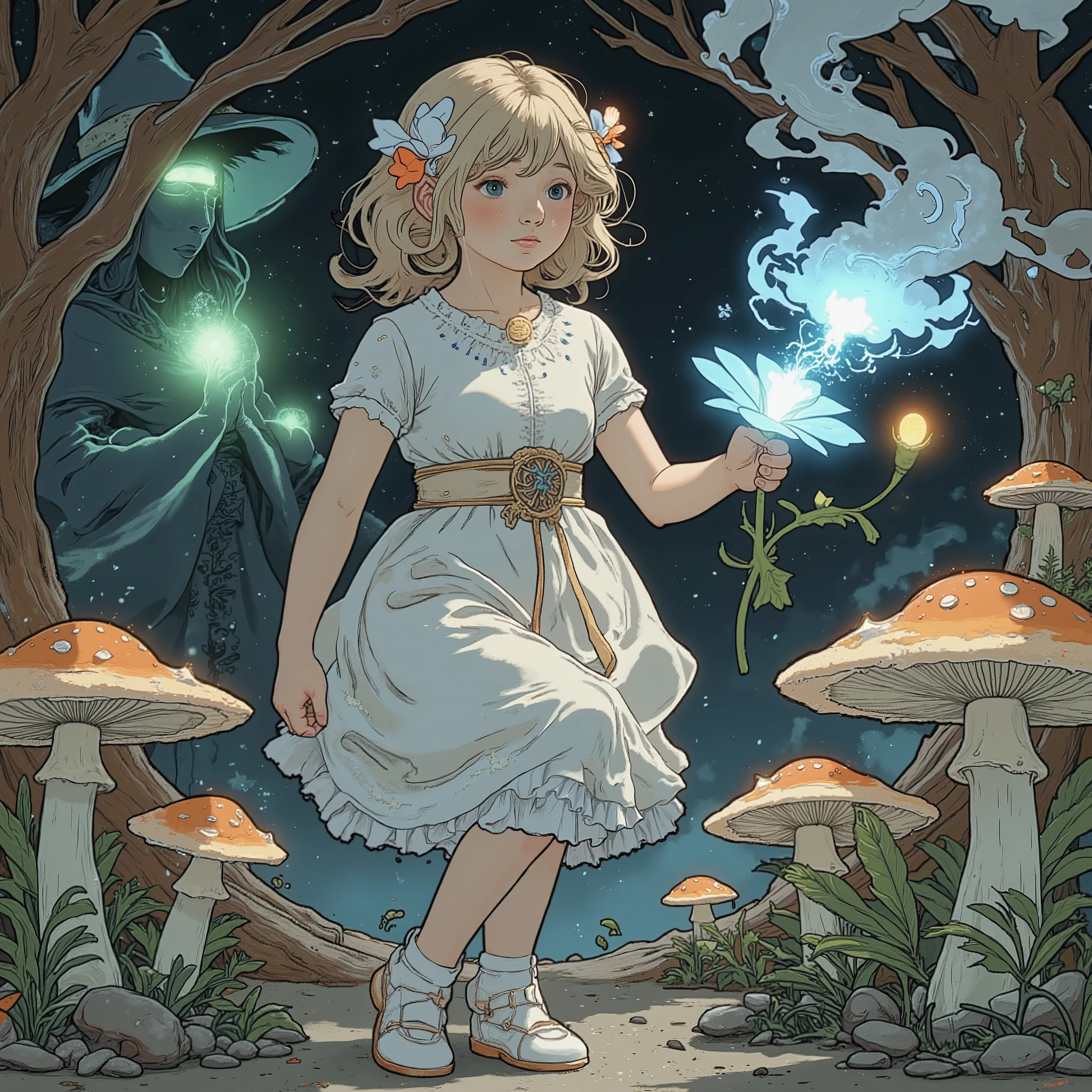 a young girl in a glowing white dress holding a radiant blue flower, soft bloom effect highlighting her hair and dress, background featuring a dark and mysterious witch with glowing green energy radiating from her hat and hands, magical particles floating around the witch, softly glowing mushrooms and flowers in the background, aurora effect spreading across the scene, stardust particles scattered in the air, glowing coral and plants, rim lighting emphasizing the characters against the dark background, soft mist and smoke effects creating depth, lens flare from the glowing flower, cinematic lighting, ultra-detailed textures