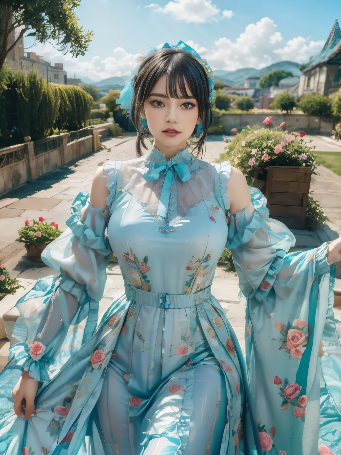 (masterpiece、top-quality、top-quality、Official art、Beautifully Aesthetic:1.2)、(One girl:1.3)、A highly detailed、(Fractal Art:1.1)、(colourfull:1.1), (florals:1.3)、The most detailed、(Zentangle:1.2)、full body Esbian、(Blue sky and rose garden:1.3)、(shinny skin)、(Many colors:1.4), (pluma:1.5)、masterpiece、top-quality、top-quality、Official art、Beautifully Aesthetic:1.2)、(1girl in)、ighly detailed、(Fractal Art:1.3)、colourfull、highestdetailed、long、A dark-haired、big eye、Women in Japan、(Ruffle frills, extremely detailed Chiffon Lace Ribbon Suspenders, (turquoise blue and yellow Stripe Design Pastel Coloring extremely detailed dress),extremely detailed Big Ribbon Headband, extremely detailed Open Colorborn, extremely detailed puff sleeves, extremely detailed Tied thin ribbon corset, extremely detailed Balloon skirt, extremely detailed White Net Tights, Colorful star-shaped bead accessories)、Cute table、Drinking tea、Tea、teapot、macaroons, You can see the castle behind