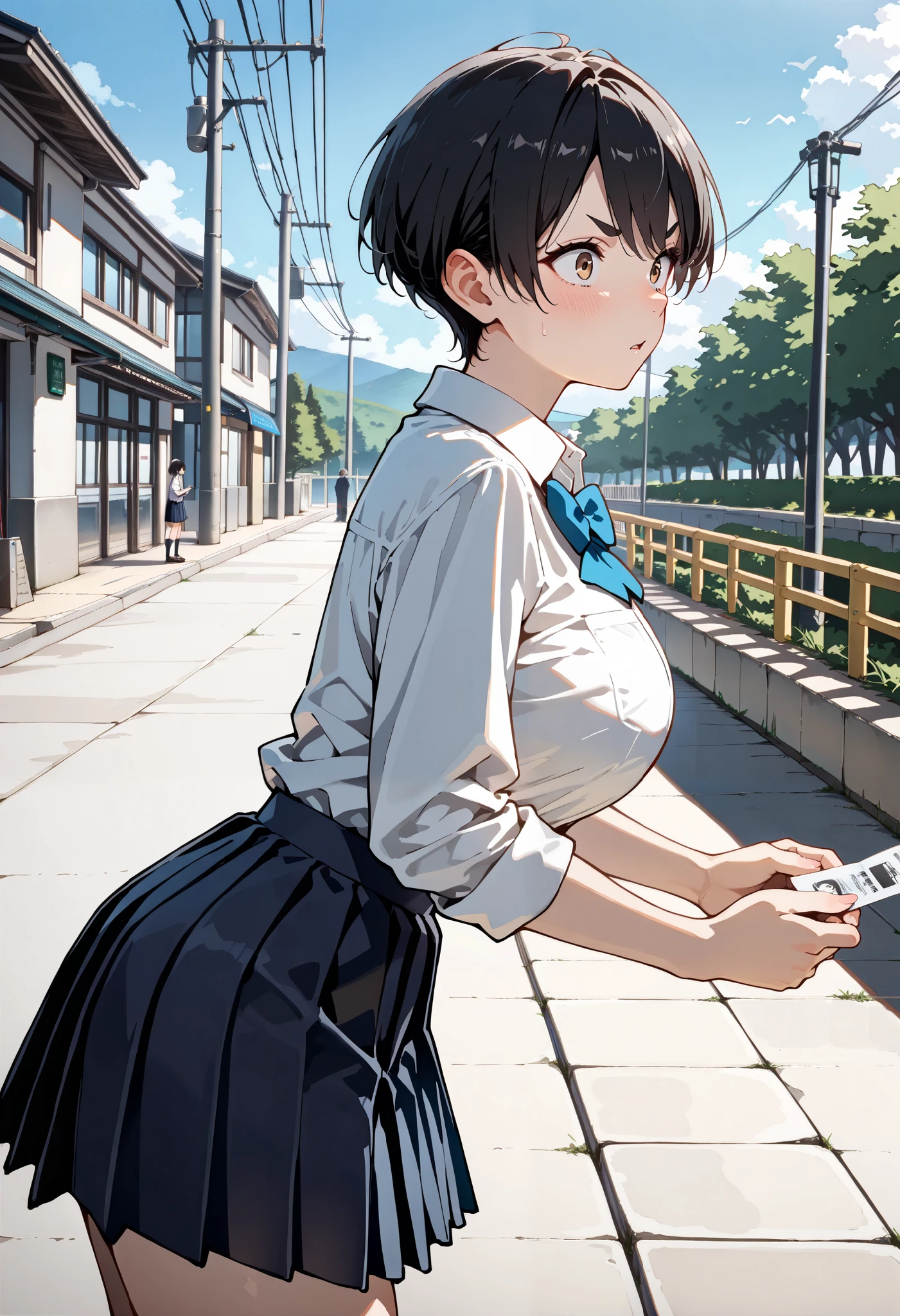 cute ish girl ,very short hair, defined eyebrows, black hair, Aquiline nose, Techno Cut, big breasts:1.3,(((short stature))), looking at another, surprised, hold a business card in both hands, from avobe, hand focus, from side ,School Uniforms, navy skirt, White shirt , outdoors, masterpiece, best quality, amazing quality, very aesthetic, absurdres, newest, super detailed, extremely detailed, explicit ,