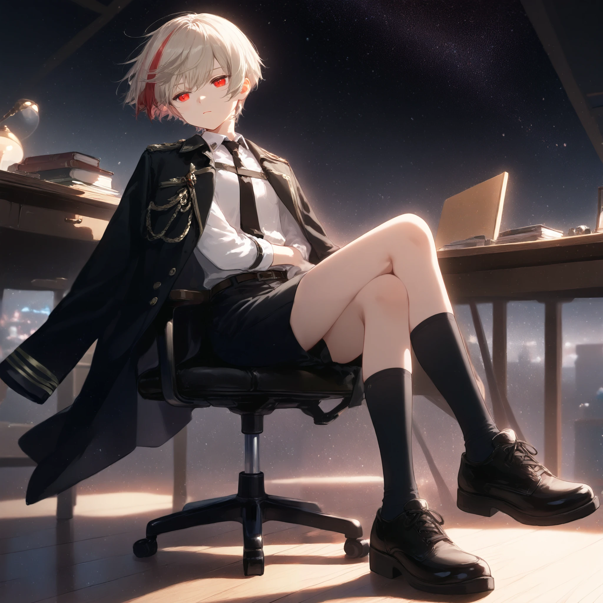 There's an animated boy sitting on a chair in a dark room,  best anime 4k Konachan wallpaper , 4k animation wallpaper , On the desk,  details . girls frontline,  anime style 4k , Sitting at the desk ., black uniform,  multicolor wig ,  Red Eyes, boy, Shota, bare thighs, Expressionless,  short hair , bob hair,  Rich hair 