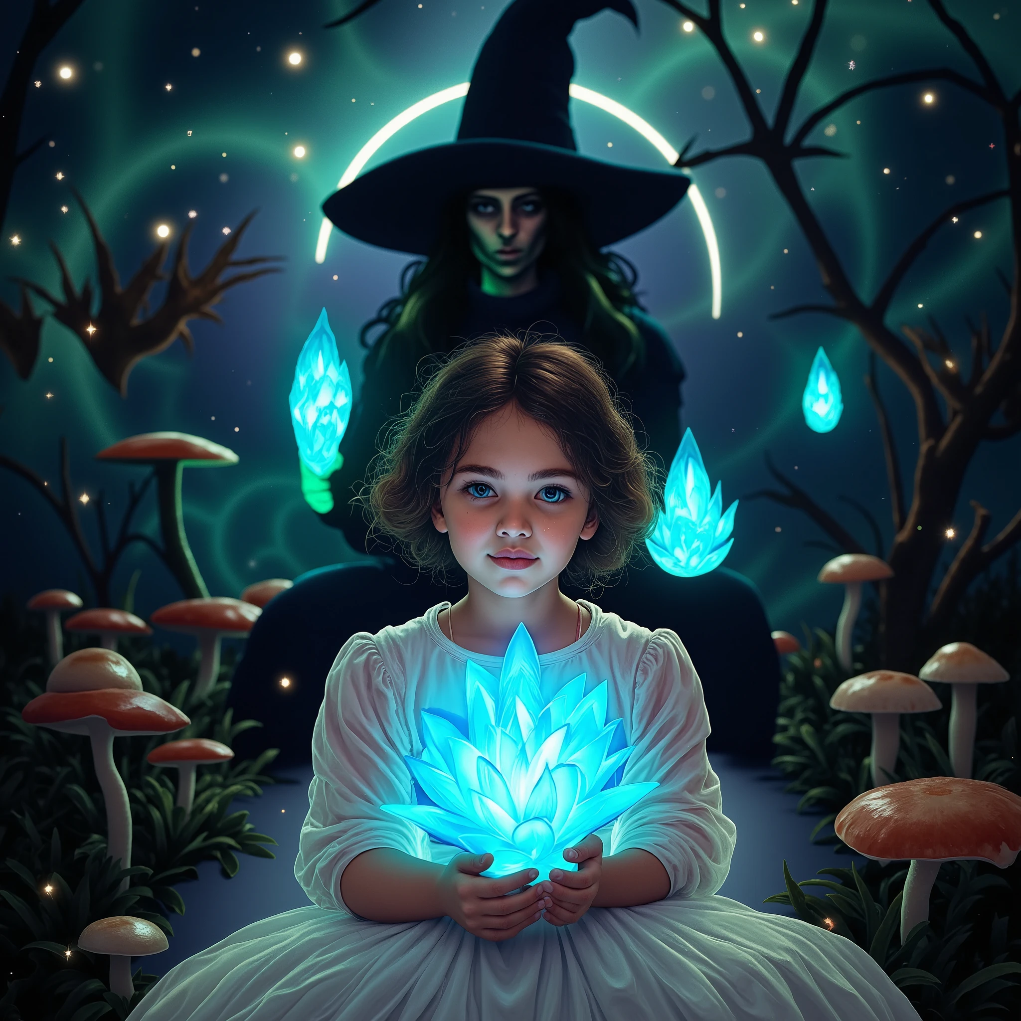 a young girl in a glowing white dress holding a radiant blue flower, soft bloom effect highlighting her hair and dress, background featuring a dark and mysterious witch with glowing green energy radiating from her hat and hands, magical particles floating around the witch, softly glowing mushrooms and flowers in the background, aurora effect spreading across the scene, stardust particles scattered in the air, glowing coral and plants, rim lighting emphasizing the characters against the dark background, soft mist and smoke effects creating depth, lens flare from the glowing flower, cinematic lighting, ultra-detailed textures