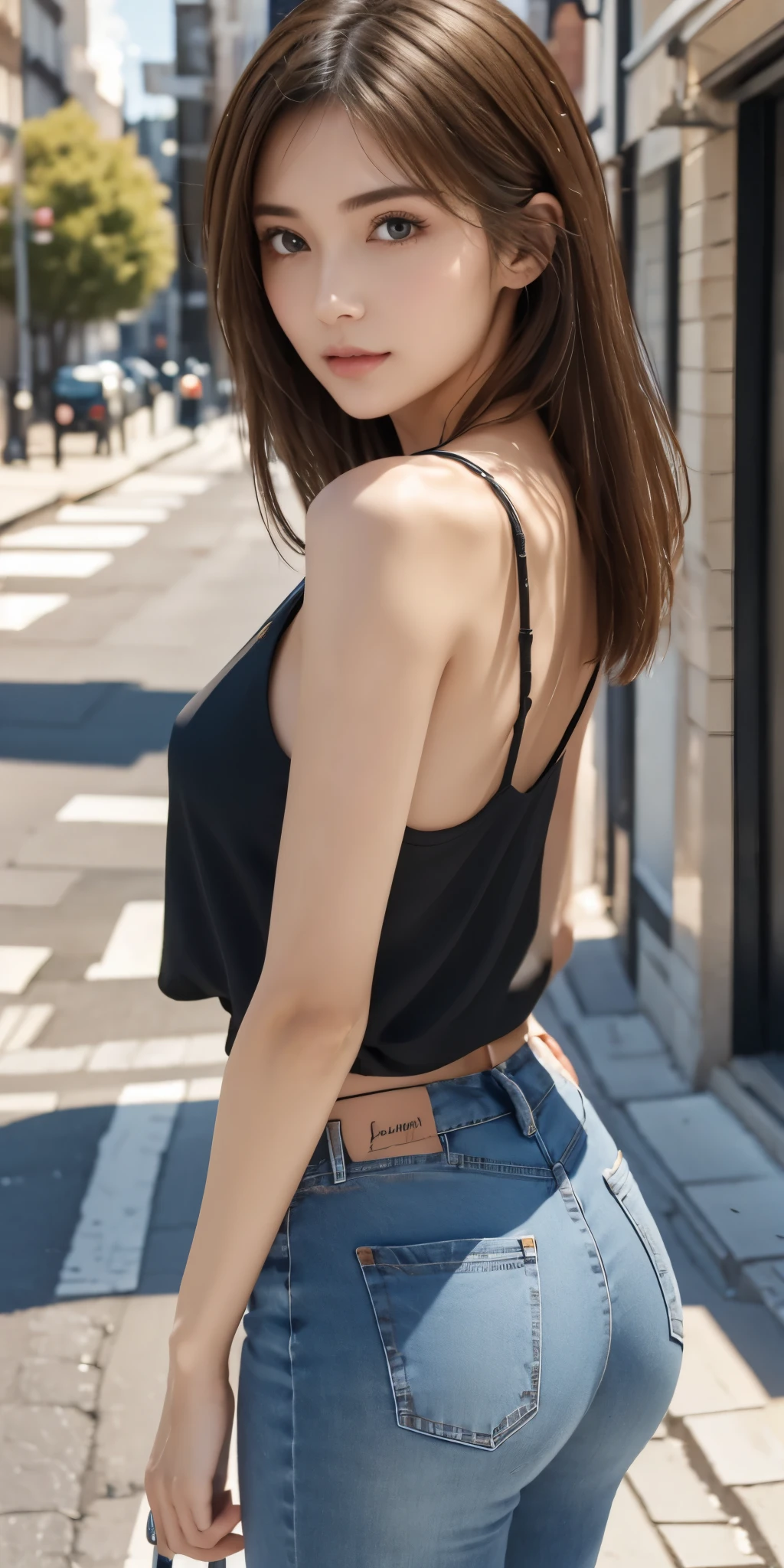 A sexy girl covering her breasts with her hand and short shorts showing her ass