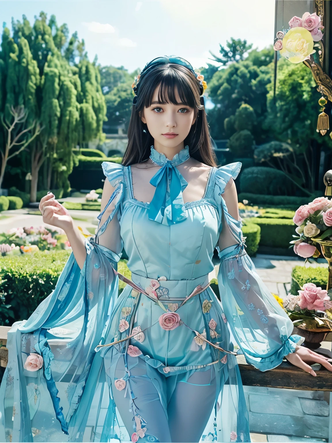 (​masterpiece、top-quality、top-quality、Official art、Beautifully Aesthetic:1.2)、(One girl:1.3)、A highly detailed、(Fractal Art:1.1)、(colourfull:1.1), (florals:1.3)、The most detailed、(Zentangle:1.2)、full body Esbian、(Blue sky and rose garden:1.3)、(shinny skin)、(Many colors:1.4), (pluma:1.5)、​masterpiece、top-quality、top-quality、Official art、Beautifully Aesthetic:1.2)、(1girl in)、ighly detailed、(Fractal Art:1.3)、colourfull、highestdetailed、long、A dark-haired、big eye、Women in Japan、(Ruffle frills, extremely detailed Chiffon Lace Ribbon Suspenders, (turquoise blue and yellow Stripe Design Pastel Coloring extremely detailed dress),extremely detailed Big Ribbon Headband, extremely detailed Open Colorborn, extremely detailed puff sleeves, extremely detailed Tied thin ribbon corset, extremely detailed Balloon skirt, extremely detailed White Net Tights, Colorful star-shaped bead accessories)、Cute table、Drinking tea、Tea、teapot、macaroons, You can see the castle behind