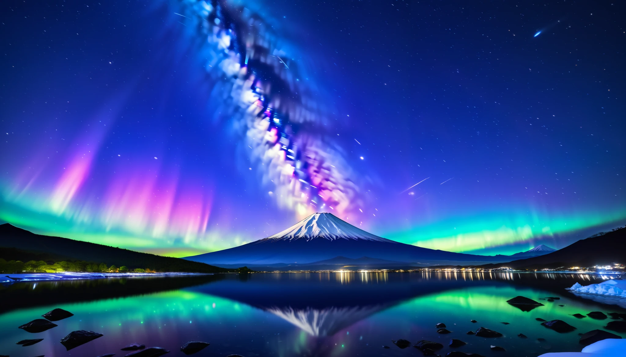 in ultra high quality, high definition , High Quality ,Spectacular views,(The giant Mt. Fuji up), the giant and realistic Milky Way galaxy that dazzles the night sky , sky full of stars,(The giant Mt. Fuji up),(Green and purple auroras ),An unbelievable number of stars々The brilliance,(A majestic, bright Milky Way star on a vast glacier々and the auroras shine are reflected )、(( the huge Mt. Fuji that rises in the center )),((The huge and majestic Mt. Fuji))、The glacier extends to the horizon 、 Jagged ice layers and snow-covered mountain peaks 、 reflects the colorful light above 。 BREAK The stars twinkle in the dark and clear sky 、 The surrounding landscape is wrapped in the surreal glow of the Milky Way 、 creates a mysterious atmosphere 。 BREAK The cool and clear air adds color to the landscape 、 snow shines in the milky way and the gentle light of auroras、 This frozen wilderness is so calm that it seems unearthly。An unbelievable amount of stars々,I can see lots of meteor showers ,