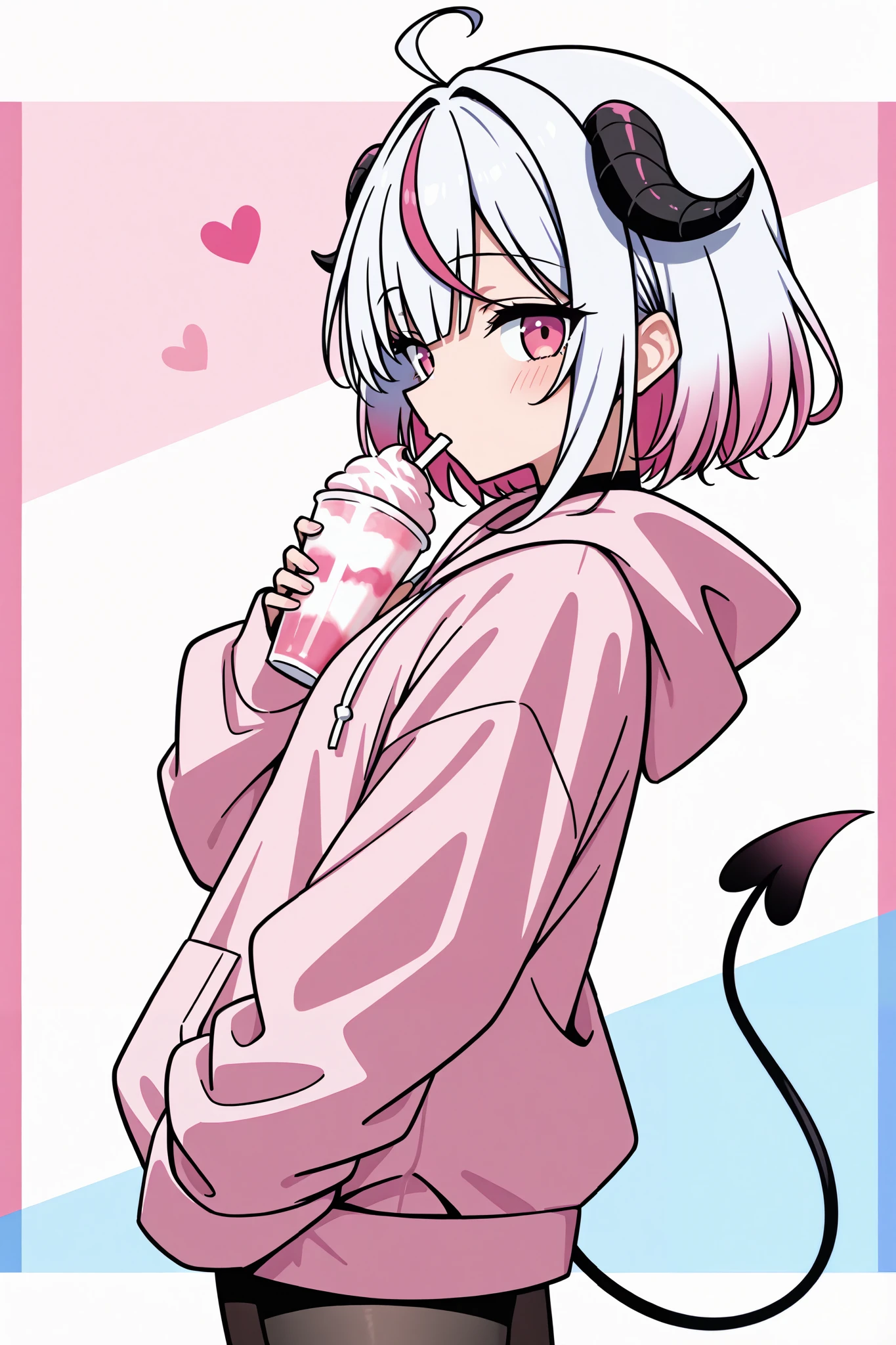 A profile photo. A gamer girl with black and white long-pig tailed hair. She has pink eyes, Pastel hoodie, Pastel gamer bedroom background, Milkshake 