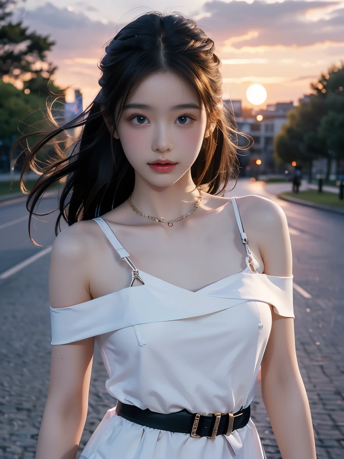 8k, masterpiece, 1 girl, beautiful face, very long hair, light makeup, detailed eyes, detailed lips, ((medium Curved figure)), (simple dress:1.4), (white dress:1.4), (wearing jewellery), (black strap:1.4), (bare shoulder:1.4), in the park, sunset, evening, blowing wind, hair spreading, sitting,
