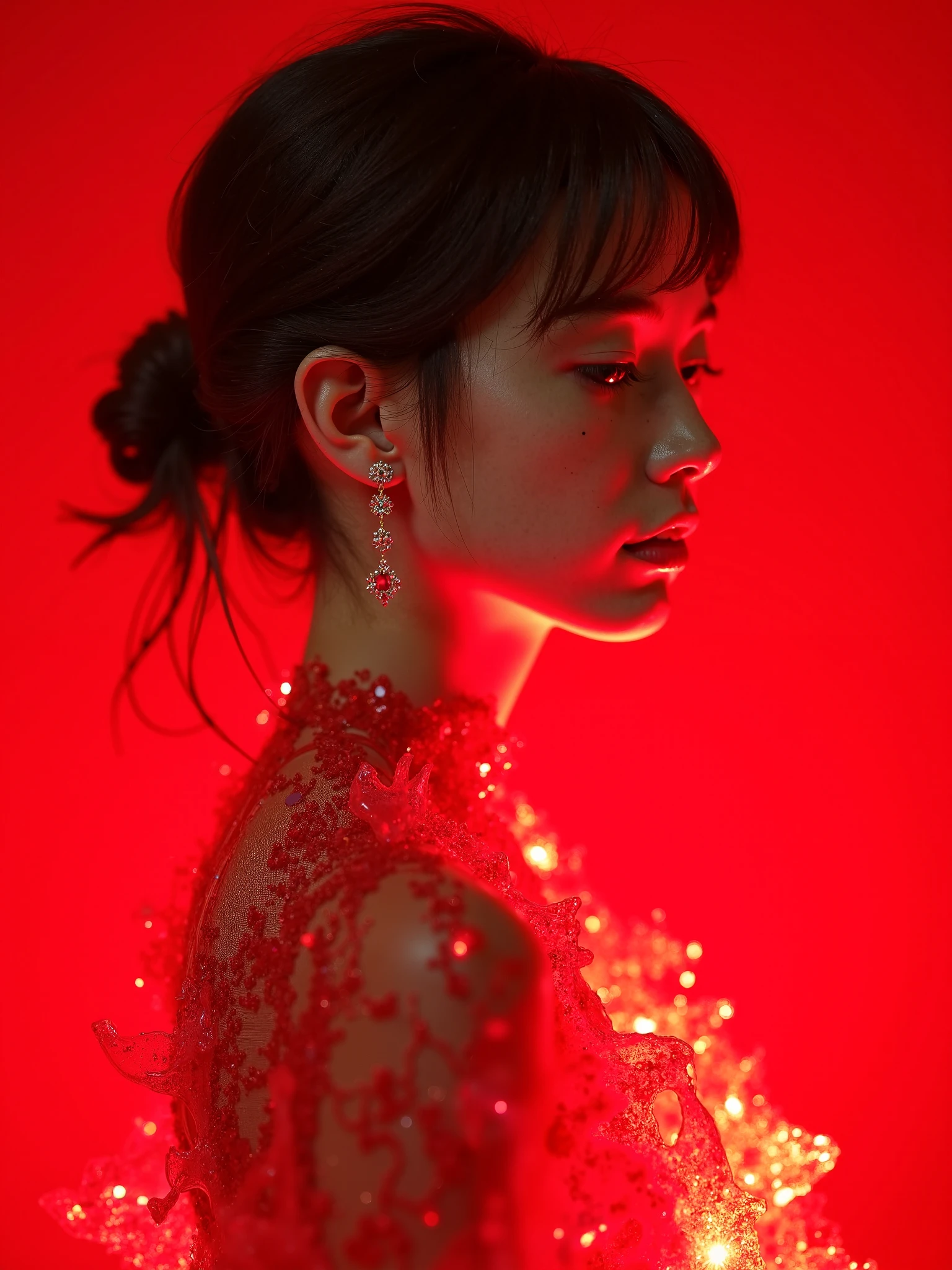 (Best quality, 8k, 32k, Masterpiece, UHD:1.2) "Generate a captivating artwork featuring a young Japanese girl model with short, sleek black hair styled in a chic bob haircut. Envision her bathed in dramatic cinematic lighting, creating an atmosphere of allure and mystery. Emphasize a romantic aesthetic vibe, showcasing the model in a poised and elegant pose that evokes a sense of intimacy and sophistication. Utilize warm and soft tones to enhance the romantic ambiance, and consider incorporating elements like flowing fabrics or flowers to add a touch of ethereal beauty. Capture the essence of romance and beauty through the model's expression, the play of light and shadows, and the overall aesthetic, creating a visually compelling and emotionally resonant piece." (perfect eyes), flawless skin, flawless face, cinematic, tight body, ((well-proportion female hands)), ((female hands with five digits))