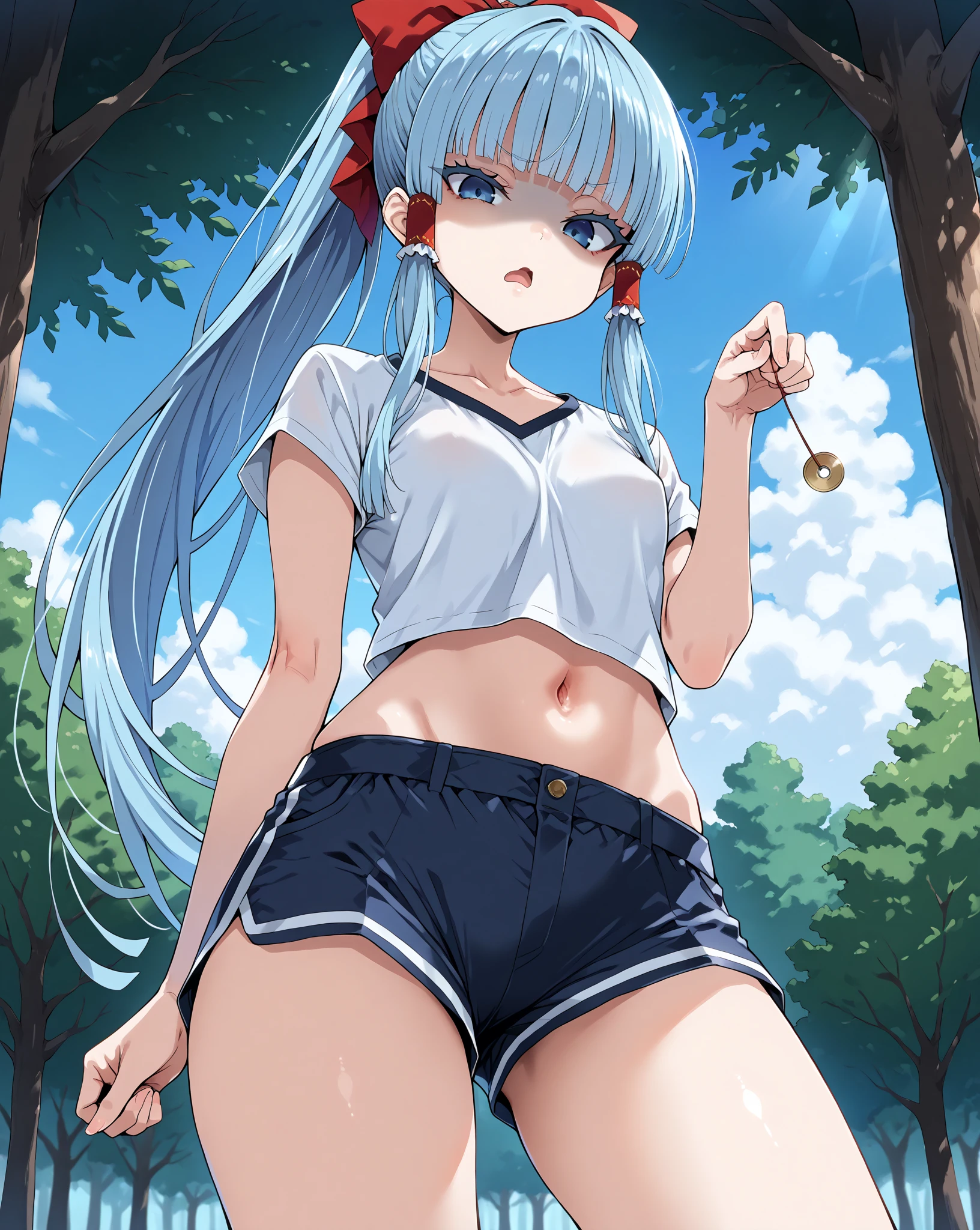 Very nice and beautiful, Anime Style, pretty girl, Standing Split, Standing on one leg, One Girl, Long Hair, Yellow ribbon, White shirt, White panties, Blue tie, Blue Skirt, Black knee-high socks, (Thin thighs: 1.1), plein air