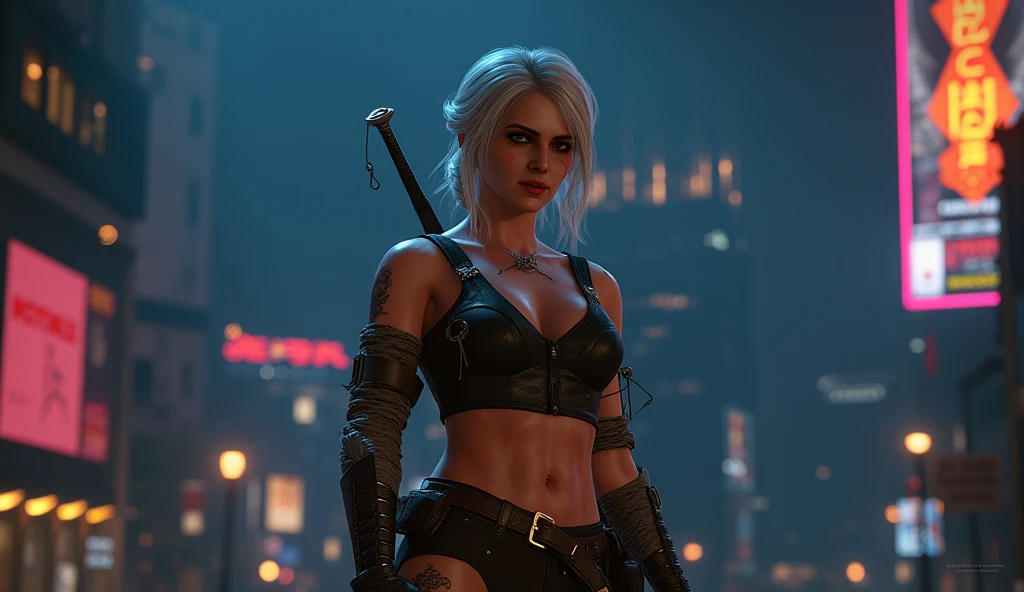 realistic photo, Ciri from The Witcher 3 smiles slyly , very high (the giantess), long strong legs , big breasts , sexy cyberpunk clothes , athletic figure , two swords behind , full-length photo , nightcity with Cyberpunk 2077 in the background , Photo in great detail .
