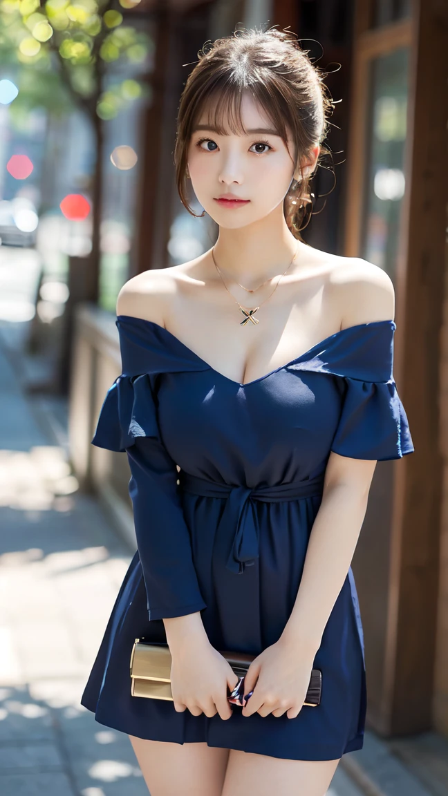 Top-quality Realistic,Official art,Highly detailed CG Unity 8k wallpaper,ultra-detailliert,hight resolution,Physically-based rendering,Magnificat,finely detail,masterpiece,Best Quality,ultra detailed,Mature beauty,Beautiful women,1girl,moist lips,sexy lips,Sexy smile,Gentle smile, 20 years old, Beautiful bare skin,Smooth bare skin, big well-shaped breasts, beautiful cleavage,beautiful Mature body,swept bangs,(medium hair:1.3), beautiful detailed eyes,model shoot style,Japanese Idol,full-body, ((Santorini's Oia district)),(With the streets of Oia in the background), (sit on a seat on the cafe terrace),BREAK,((Lace-up square neck dress, half sleeves:1.3)),BREAK,model pose,Walking position,(standing on the stone stairs) ,Delicately expressed eyes,cute smile,A gentle smile like a goddess, breast hold, crossed arms,shoot from below, ((close-up)),