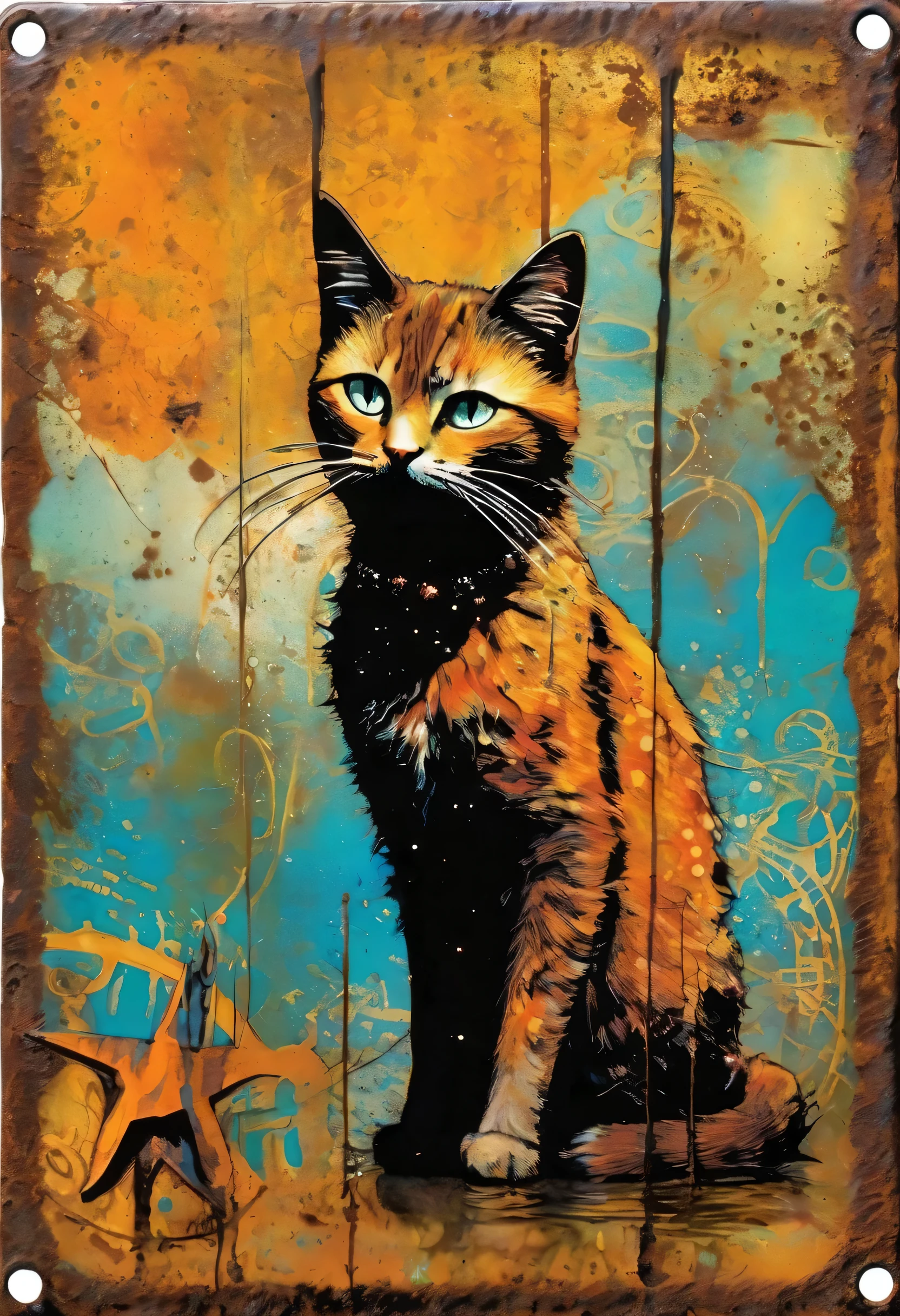 with a cat and a star mark on it 、 drawn on a simple, decorative rusted metal sign、 An image of a rusted sign 、Dave McKeanからインスピレーションを受けたアートワーク, bright colors, intricate detail in wet water, oil、Ultra high definition 、