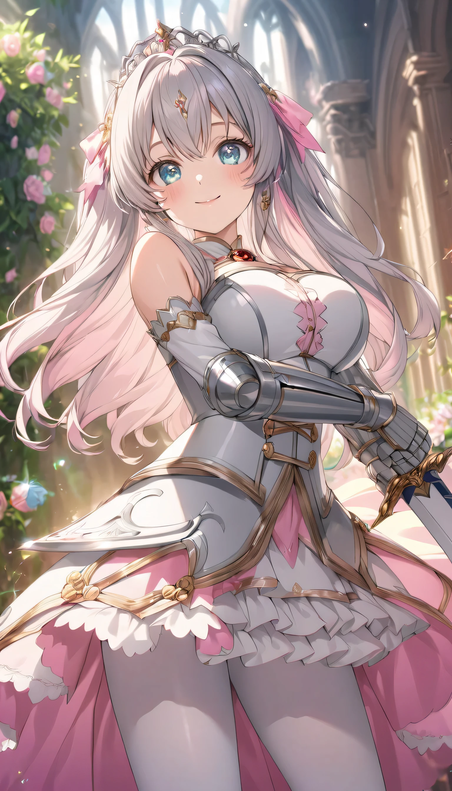 masterpiece、High resolution、highest quality、4k、(((whole body)))、1 beautiful girl、real anime、warrior goddess、((桜の花のようなarmor、ビキニarmor、ドレスarmor、armor))、cherry blossom accessories、Big eyes、cute eyes、pink hair、ponytail、open mouth smile、cheek、raising one hand、A small bird is perched on one hand.、(((super big breasts、cleavage、ピンク色の女神のピンクのwing、wing、cherry blossom tiara)))、Background of many cherry blossoms blooming、Many cherry blossom petals are flying、