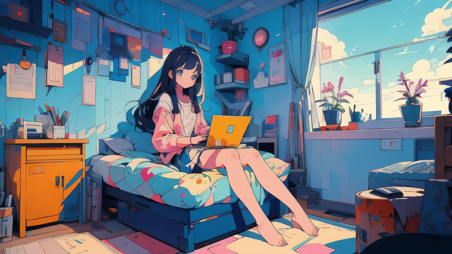 cartoon girl sitting at a desk with a laptop computer, cartoon style illustration, digital anime illustration, in the art style of bowater, in style of digital illustration, illustration style, beautiful illustration, cute detailed digital art, beautiful digital illustration, stunning art style, trending on artstration, proffesional illustration, cute digital art, procreate illustration, beautiful drawing style
