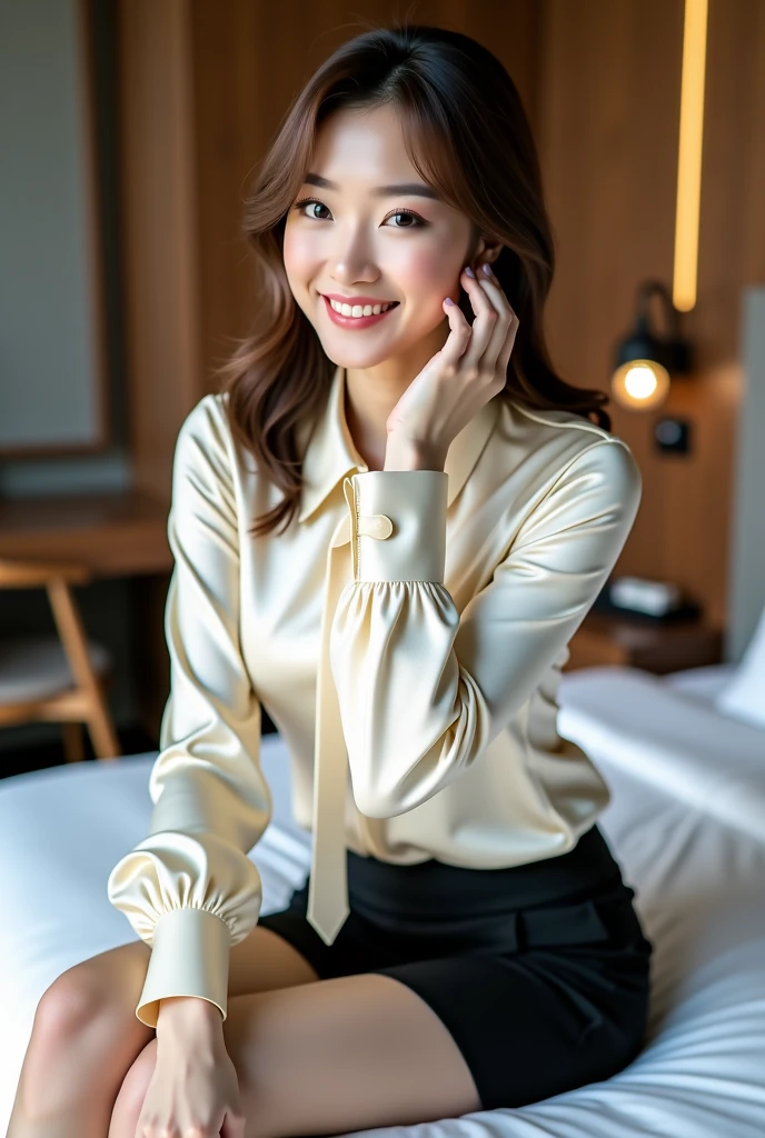 (RAW Photos:1.2), (Photorealistic), Beautiful details, (Genuine: 1.4), Very detailedな目と顔, Beautiful and fine details, Standing in the office、(Ultra-realistic pantyhose、High heels)、Large file size, High resolution, Very detailed, highest quality, [masterpiece:1.6], Awareness-raising, Very detailed, Hmph, In detail, highest quality, 8k wallpaper, One mature woman, 43 years old, Perfect figure, Cute droopy eyes,Beautiful big eyes、Pieck Finger, ((Tabletop)), highest quality, One mature woman, eye shadow, Portraiture,((brown super long hair:1.2))((Loosely wavy hair:1.3))((Gold Necklace＿Big earrings:1.3))((wearing Shirt with collar,puffy sleeves,Tight skirts:1.3))((A shy smile:1.3)),