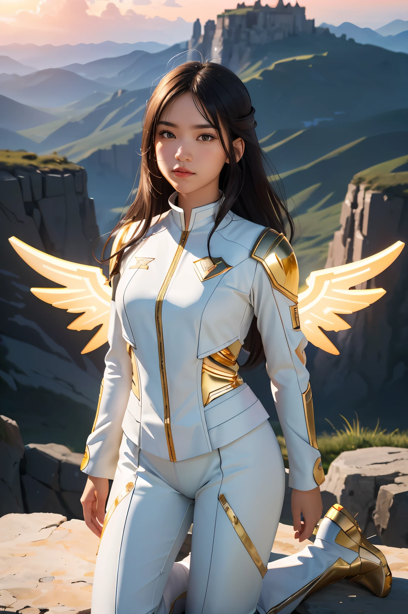 ((masterpiece, best quality, extremely detailed), volumetric lighting, ambient occlusion, colorful, glowing),
1girl, solo, young girl, (dark hair), long hair, halo, aura, sacred, goddess, cleric suit, (white outfit with gold detailst:1.3), armor,
outdoors, sunset, sky, clouds, space, (fantasy theme:1.2),ม 1girl, full body, Illustration, cinematic light, high resolution, best quality, ultra-detailed, masterpiece, power suit, powerranger, suit, spd,