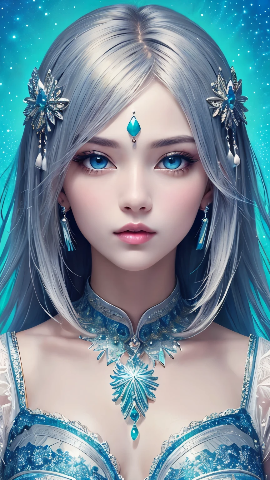 (masterpiece、highest quality、highest quality、Official Art、aesthetics:1.2)、(1 Girl:1.3)、(Fractal Art:1.3)、Beautiful aqua blue eyes、Beautiful Skin、Medium length hair with silver tassels、ultra precise detailed