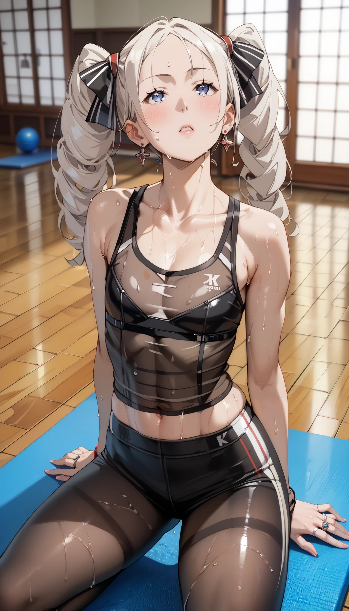 creamy long pale hair,double twin tails、(sweaty skin)、 (highest quality, 8K, 32K, masterpiece, UHD:1.2)、wet clothes、see-through、blush,((((sweat)))),((from adove)),((black leather tank top)),short leggings,fitness,training、ring earrings、(big Thighs)、(big hip)、(steam)、(((yoga)))、(((yoga pose)))、dynamic pose、(((leaning back))) 、(((looking up)))、flat chest、smag、((muscle))、arm pit