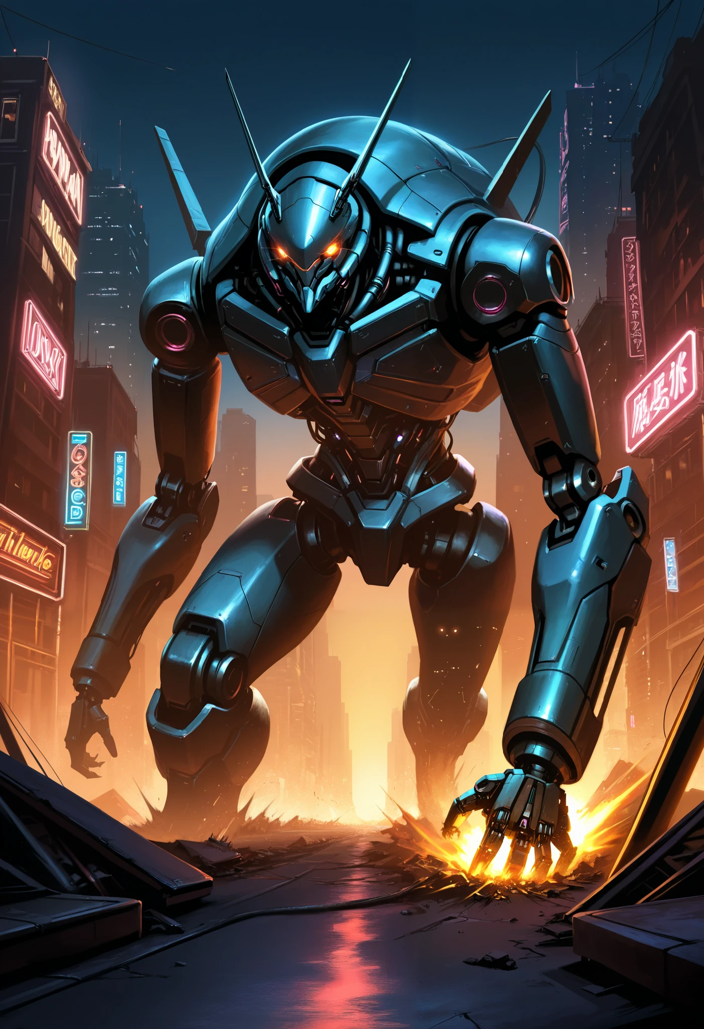 a massive cyberpunk robot, Giant insectoid robot, crushing the futuristic city, detailed metallic body, glowing eyes, advanced technology, complex machinery, dynamic motion, urban decay, neon lights, gritty atmosphere, cinematic lighting, moody colors, dramatic composition, photorealistic, 8k, hyper detailed, masterpiece
