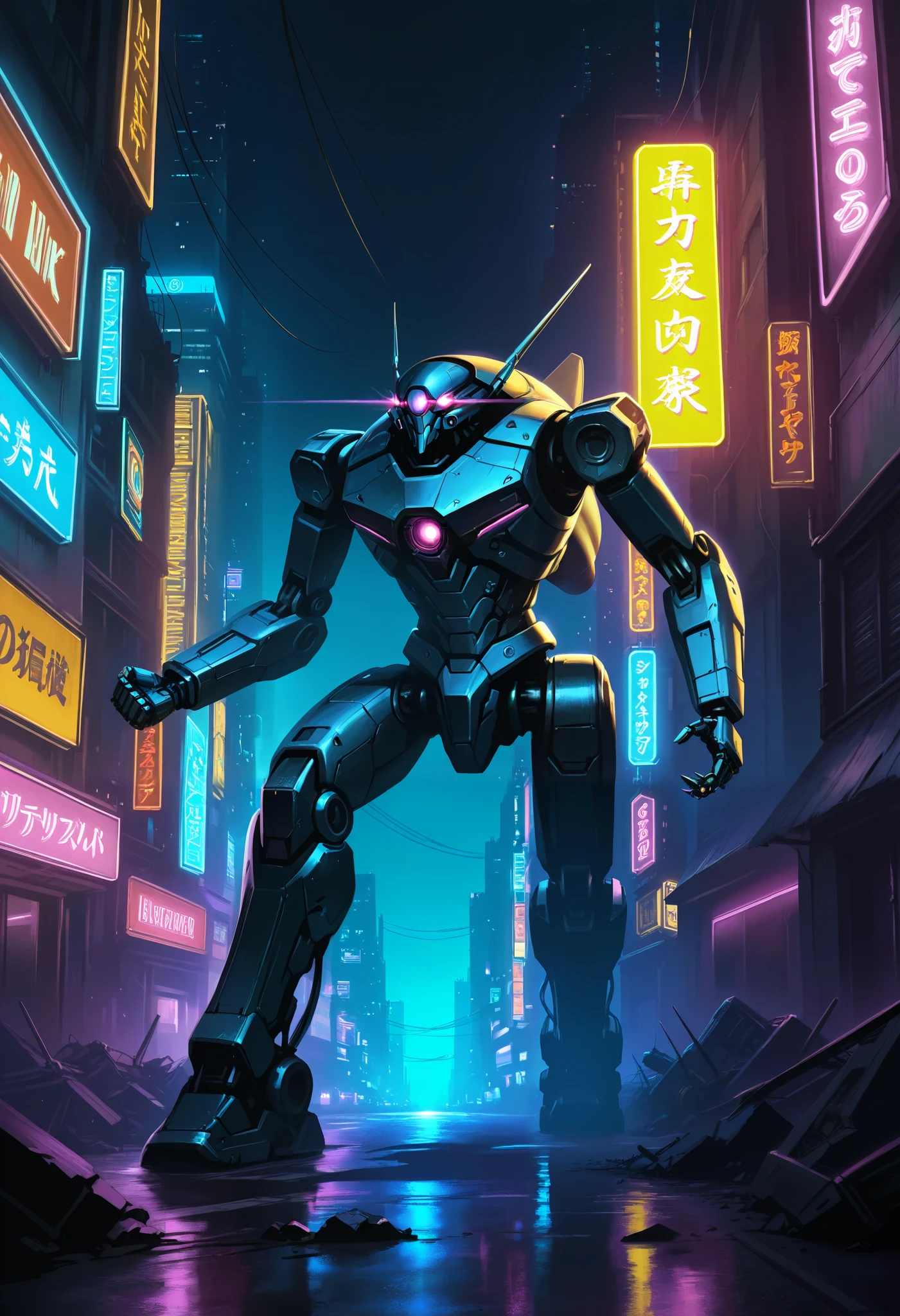 a massive cyberpunk robot, Giant insectoid robot, crushing the futuristic city, detailed metallic body, glowing eyes, advanced technology, complex machinery, dynamic motion, urban decay, neon lights, gritty atmosphere, cinematic lighting, moody colors, dramatic composition, photorealistic, 8k, hyper detailed, masterpiece