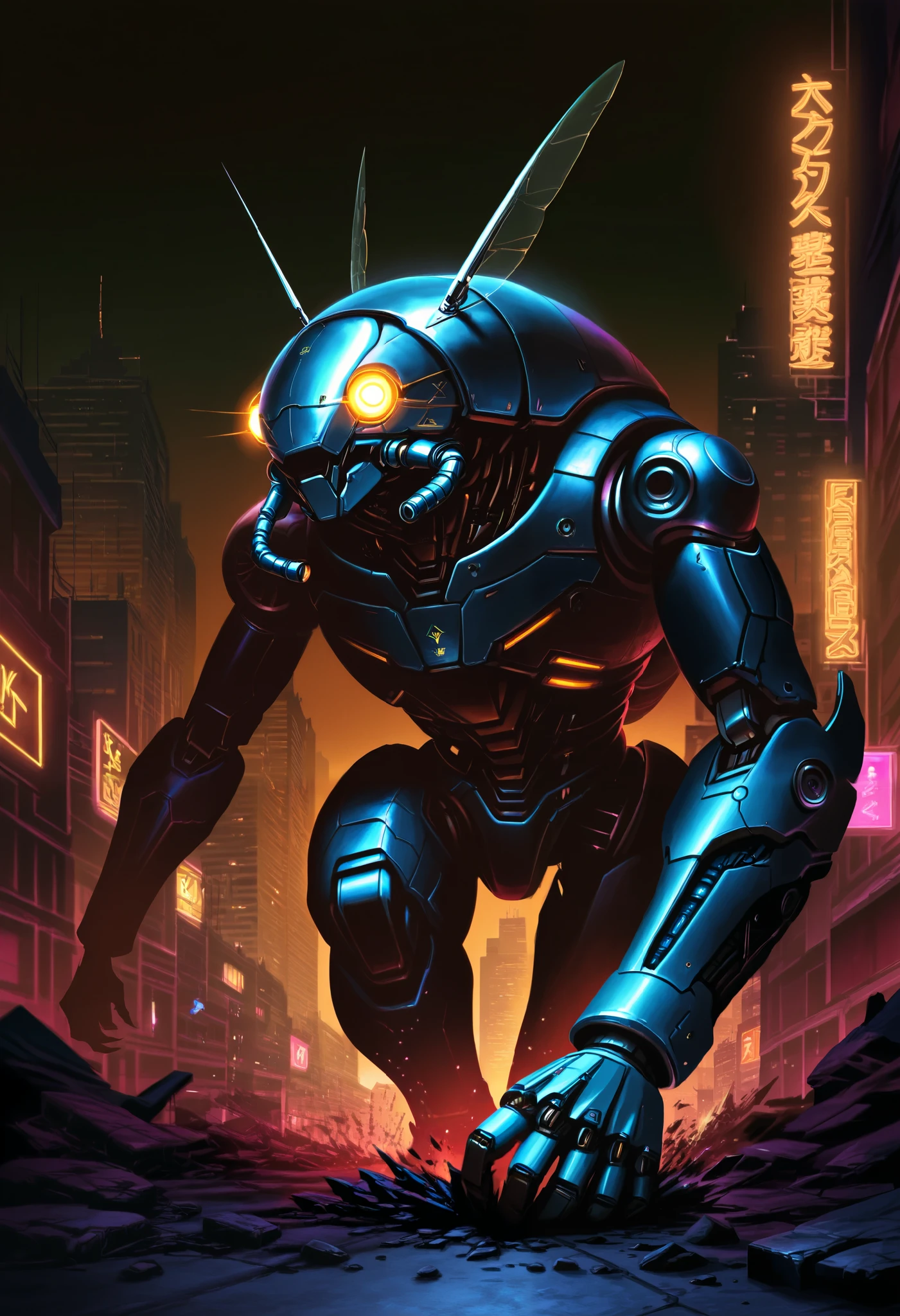 a massive cyberpunk robot, ((Giant insectoid robot, Robots bigger than buildings)), crushing the futuristic city, detailed metallic body, glowing eyes, advanced technology, complex machinery, dynamic motion, urban decay, neon lights, gritty atmosphere, cinematic lighting, moody colors, dramatic composition, photorealistic, 8k, hyper detailed, masterpiece