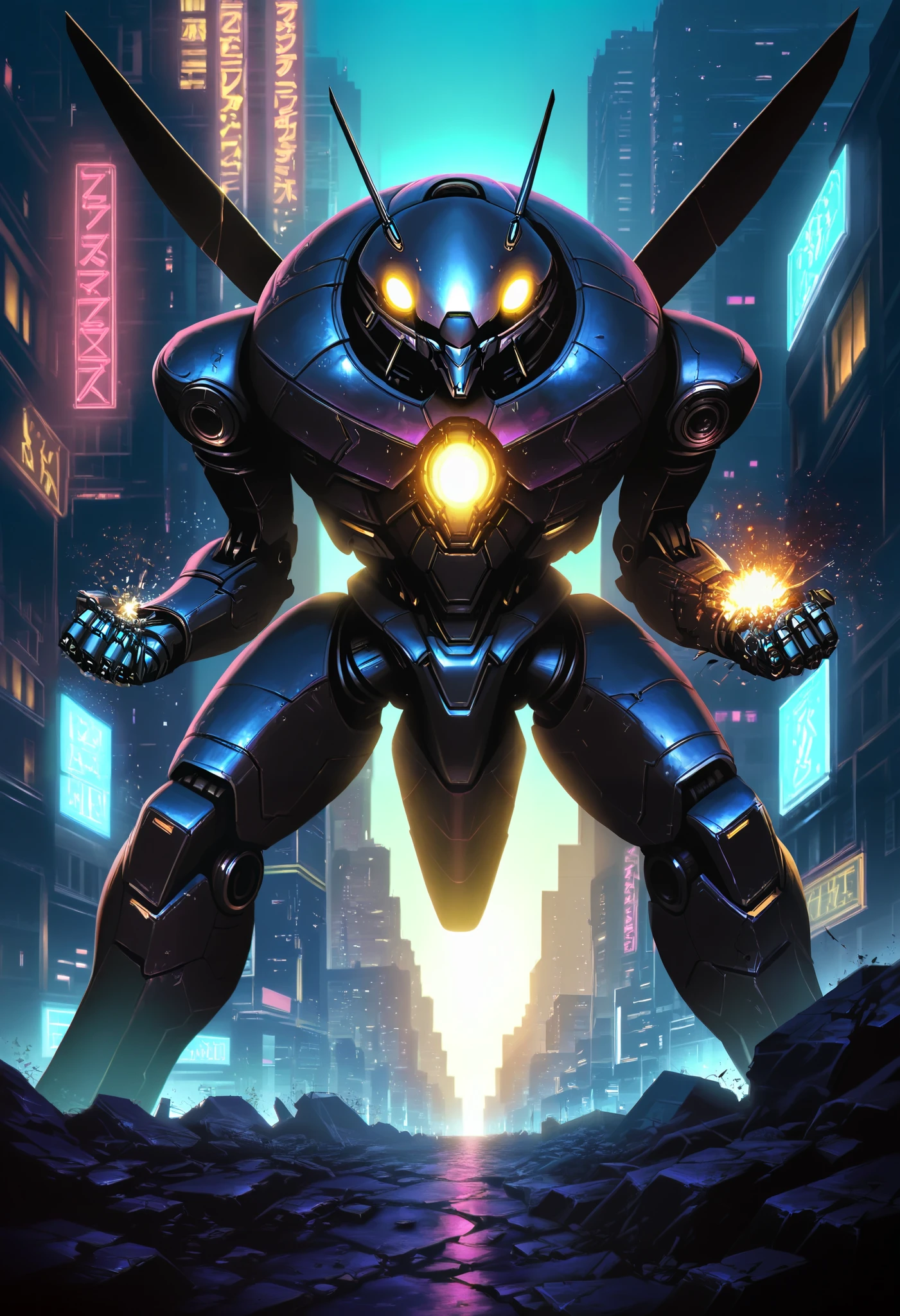 a massive cyberpunk robot, ((Giant insectoid robot, Robots bigger than buildings)), crushing the futuristic city, detailed metallic body, glowing eyes, advanced technology, complex machinery, dynamic motion, urban decay, neon lights, gritty atmosphere, cinematic lighting, moody colors, dramatic composition, photorealistic, 8k, hyper detailed, masterpiece