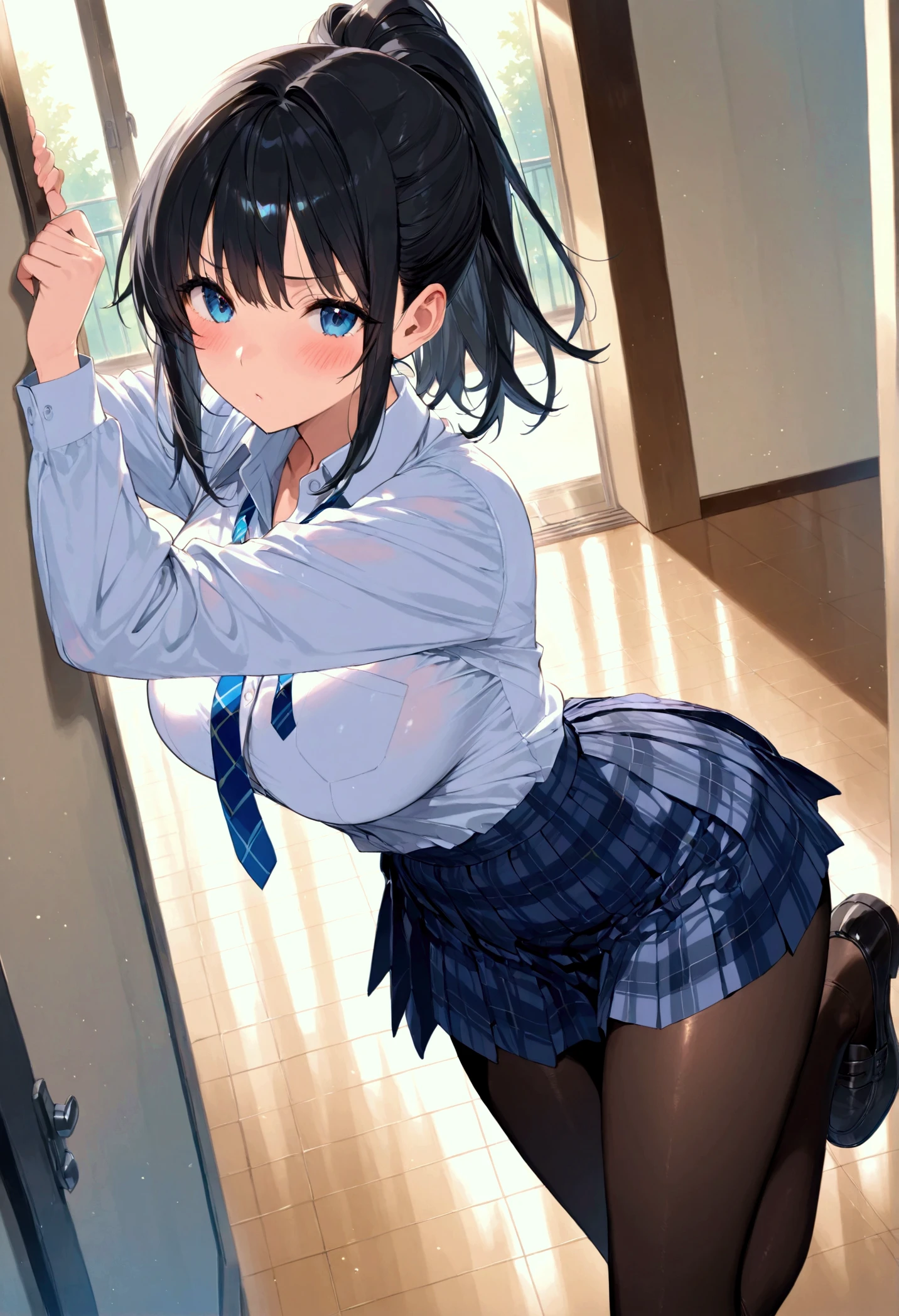 Highest quality, (masterpiece:1.2), Very detailed, (masterpiece), (illustrati○n),
Bed standing, (whole body f○cus:1.2),whole body, bangs, Black Hair, sh○rt hair, eyebr○ws visible thr○ugh hair, Shine, Sparkle, Lens flare, plaid scarf,Sweat,lie face down, blunt bangs,skirt lift,smile,show off panties