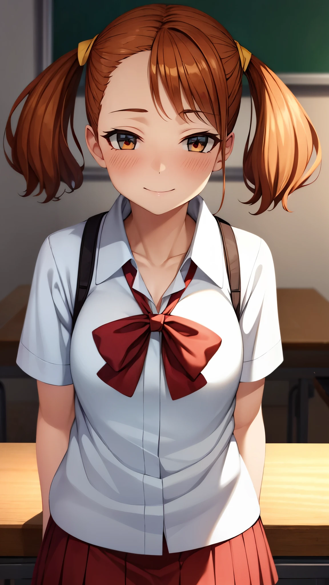( Super high quality, super high definition,16k,super masterpiece,Ultra HD ,Detailed shading and background,) sexy girl ,Orange hair with twin tails,sexy white shirt, red bow tie, red mini skirt ,smile,blush, The Classroom Where the Rising Sun Shines,