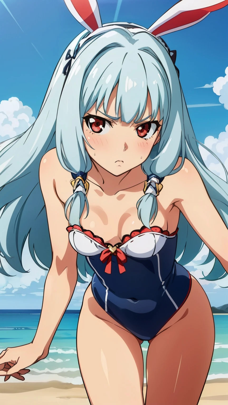 Silver Hair、Grey Eyes、Twin tails、、Flat Chest、Short、Micro Bikini、masterpiece、High resolution、highest quality、Detailed face、Anime Moe Art Style、abdomen、Belly button、Cowboy Shot、A big smile、Outdoor、healthy、Puffy nipples、anime best girl, cute anime girl、Beach、Groin