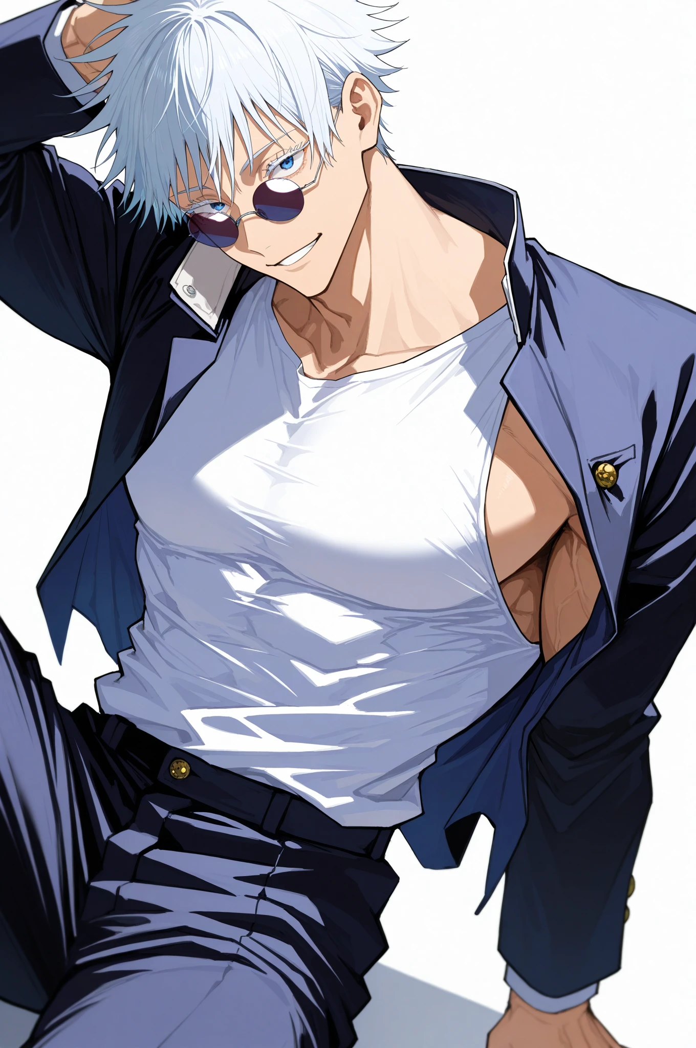 (masterpiece, best quality:1.2), <lora:bleach_jaegerjaquez-10:1>, cowboy shot, solo, male focus, 1boy, grimmjow, muscular, pectorals, grin, looking at viewer, hand in pocket, open clothes, jacket