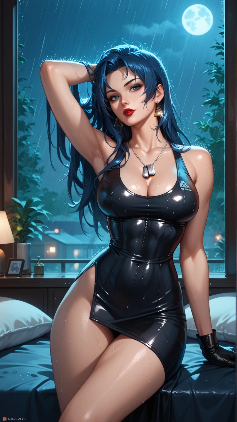 (Masterpiece, BestQuality:1.3), (ultra detailed:1.2), (hyperrealistic:1.3), (RAW photo:1.2), High detail RAW color photo, professional photograph, (Photorealistic:1.4), (realistic:1.4), professional lighting, perfect ???????, (Big Breasts:1.2), (blush, detailed face), (cheerful Smile:1.5), (Blue Hair:1.5), Trending Hair&Trending Hairカラーをランダムに, earrings, necklace, bracelet, sexly, erotic sexly, Random sexy gravure poses, (A woman in a black mini dress at a nightclub、Staring sexy into the camera。With straight long hair、One leg is slightly bent。: 1.3)
