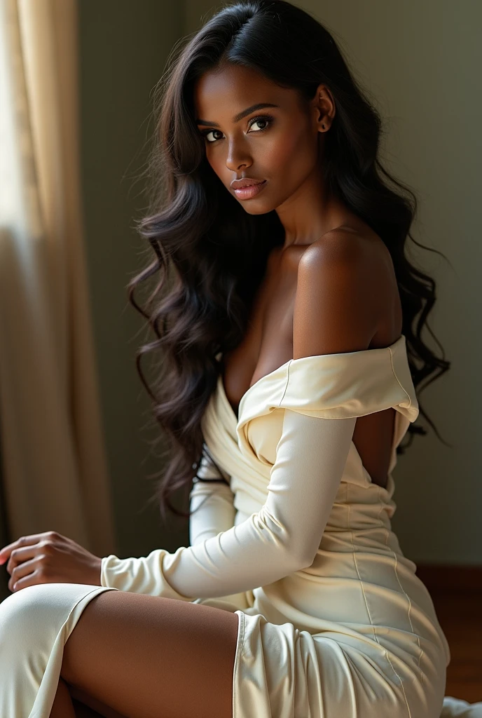 Ultra-realistic, Highest quality,Cinema Lighting, Real black girl, 16K, Good quality, High resolution, Warm atmosphere, Dreamy atmosphere, 1 person, 18-year-old, ((Long Red Hair 1.5)), ((Shiny skin 1.5)), Looks sexy in the eyes, pretty pretty face, Beautiful Makeup, Beautiful mouth, Realistic Skin, skin is illuminated, Perfect Shading, ((White tight mini skirt dress 1.5)),, hotスキニーボディ, Beautiful breasts, Slim body, hot, Fascinating, Sensual posture, Larger buttocks, Thighs, Different positions at different angles, Realistic Textures, Indoor Background, Aesthetics of Dreams, Dreamy atmosphere, Cinema Lighting.
