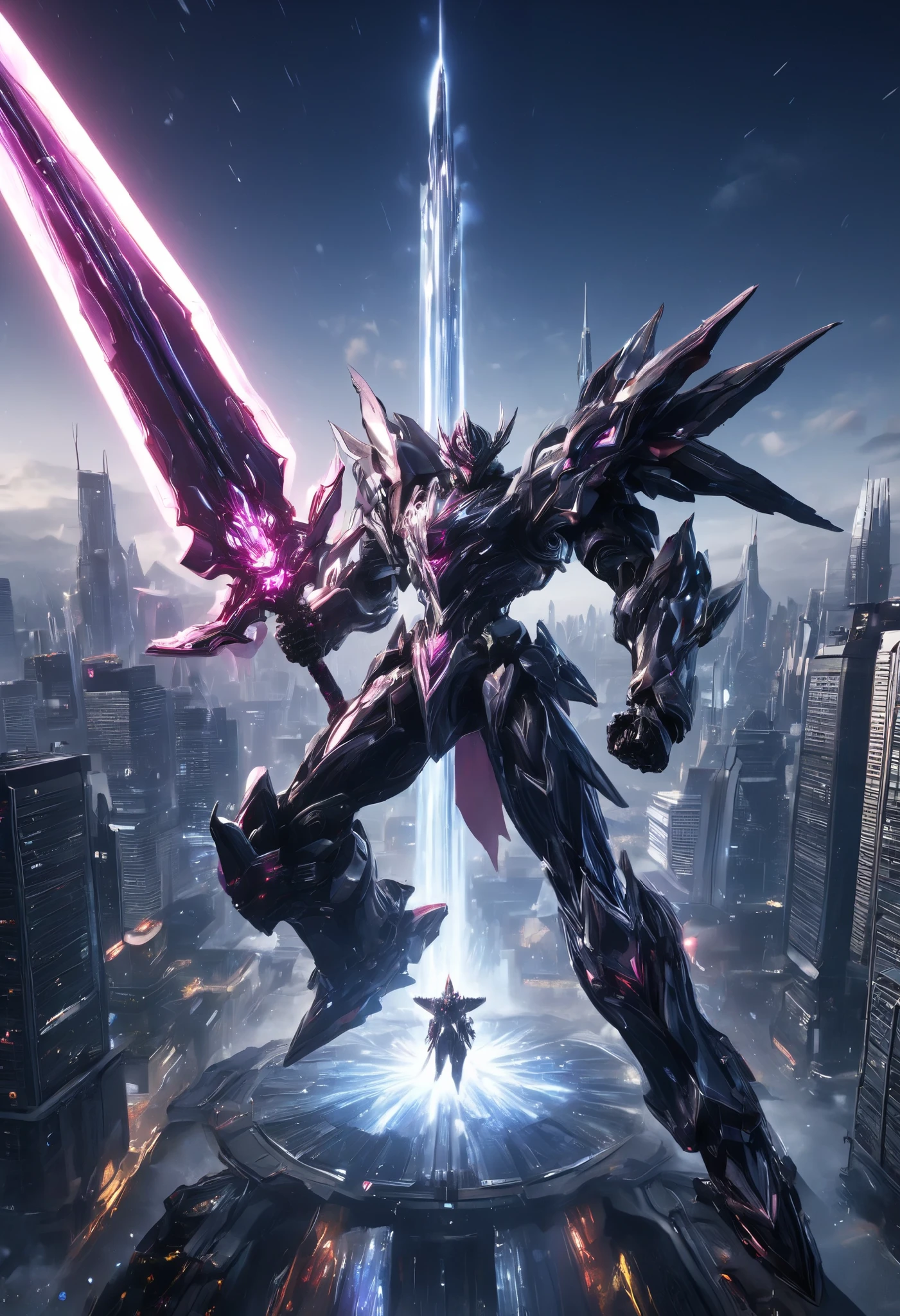 from above, magnificent view. 
In the middle of a roundabout surrounded by glass skyscrapers, a giant robot ten times bigger than the buildings stands still, cityscape that looks like a tiny miniature, the jet-black giant robot has a cool, beautiful, smooth, streamlined form and holds a shining cosmic ray sword in its hand. 
professional and perfect composition, extremely delicate depiction, extremely clear image, bold and dynamic, contrasts of light and shadow, 2.5D, artistic photography, hyper realistic, ultra detailed, absolutely resolution, masterpiece