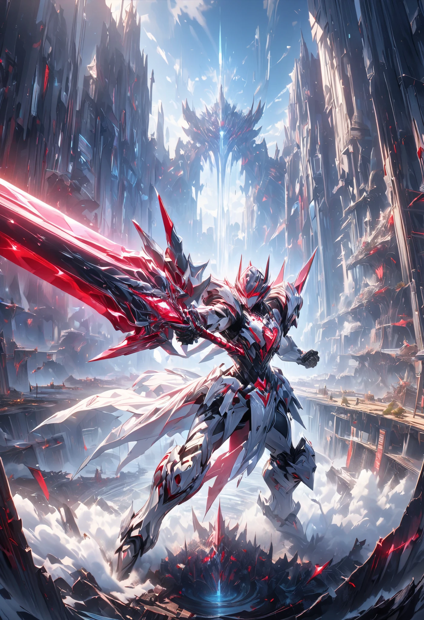from above, magnificent view.
In the middle of a roundabout surrounded by glass skyscrapers, a giant robot ten times bigger than the buildings stands still, cityscape that looks like a tiny miniature, the jet-black giant robot has a cool, beautiful, smooth, streamlined form and holds a shining cosmic ray sword in its hand.
professional and perfect composition, extremely delicate depiction, extremely clear image, bold and dynamic, contrasts of light and shadow, ultra detailed, absolutely resolution, masterpiece