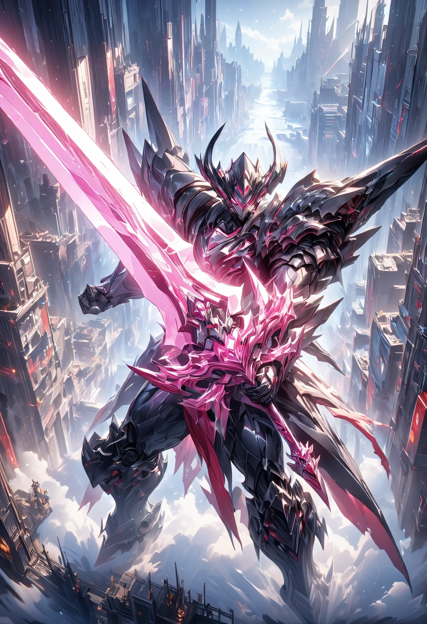 from above, magnificent view. 
In the middle of a roundabout surrounded by glass skyscrapers, a giant robot ten times bigger than the buildings stands still, cityscape that looks like a tiny miniature, the jet-black giant robot has a cool, beautiful, smooth, streamlined form and holds a shining cosmic ray sword in its hand. 
professional and perfect composition, extremely delicate depiction, extremely clear image, bold and dynamic, contrasts of light and shadow, ultra detailed, absolutely resolution, masterpiece