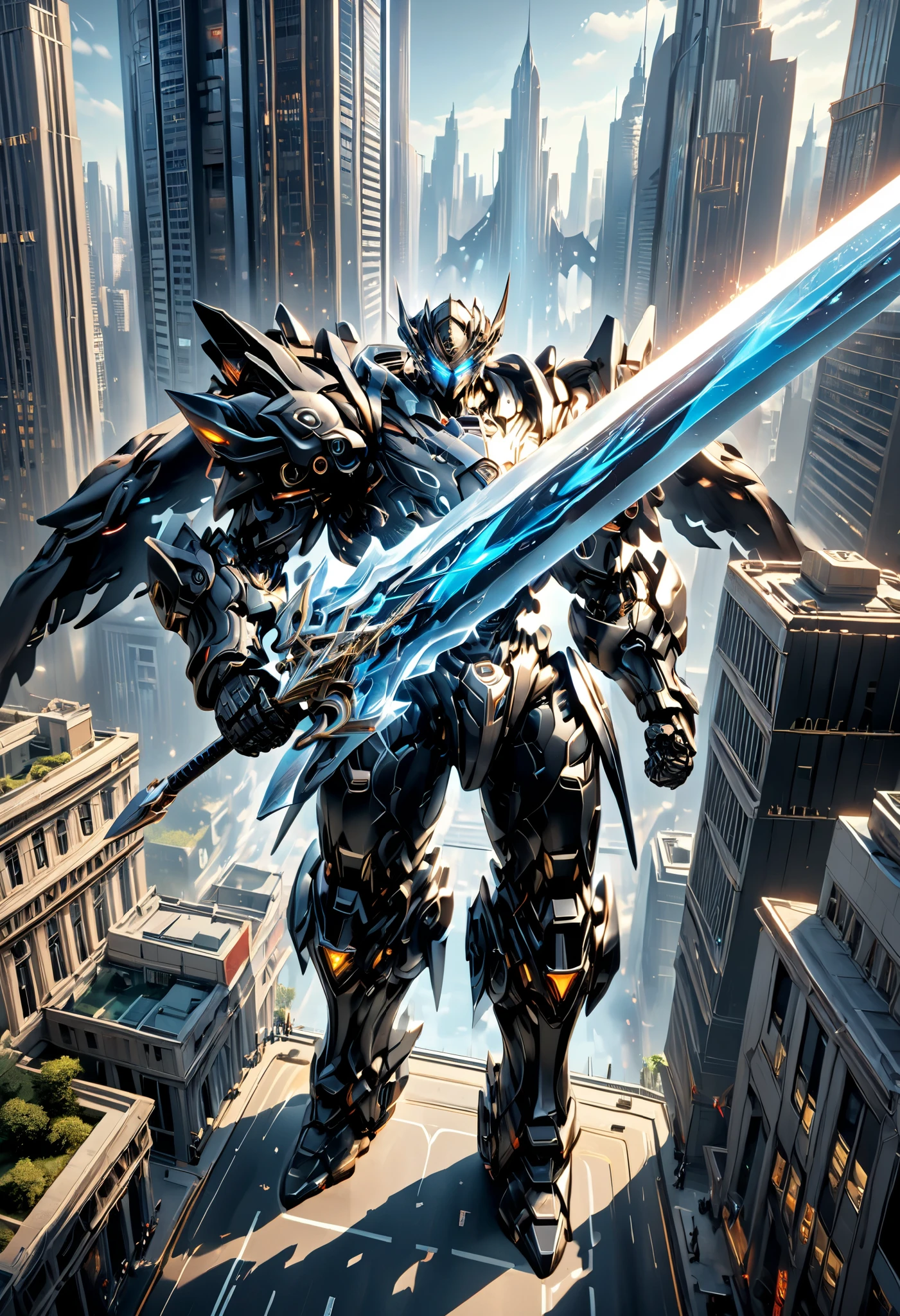 from above, magnificent view.
In the middle of a roundabout surrounded by glass skyscrapers, a giant robot ten times bigger than the buildings stands still, cityscape that looks like a tiny miniature, the jet-black giant robot has a cool, beautiful, smooth, streamlined form and holds a shining cosmic ray sword in its hand.
professional and perfect composition, extremely delicate depiction, extremely clear image, bold and dynamic, contrasts of light and shadow, 2.5D, artistic photography, hyper realistic, ultra detailed, absolutely resolution, masterpiece