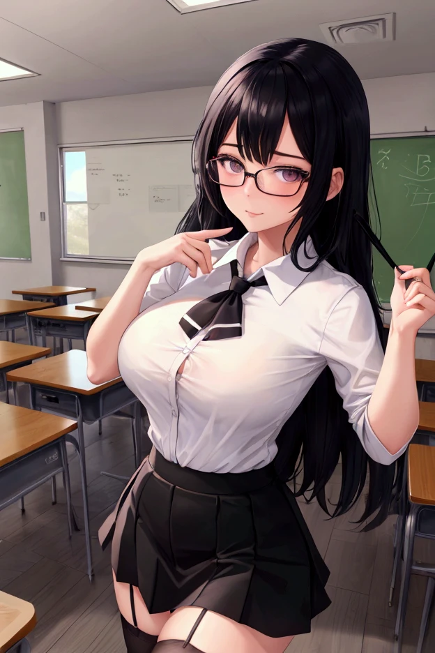 a very busty anime girl in glasses sitting on a desk in front of a chalk board, 1girl, breasts, silver hair , skirt, pantyhose, solo, glasses, cleavage, shirt, large breasts, desk, purple eyes, chalkboard, indoors, sitting, looking at viewer, classroom, collared shirt, blue shirt, partially unbuttoned, ponytail, black skirt, collarbone, long hair