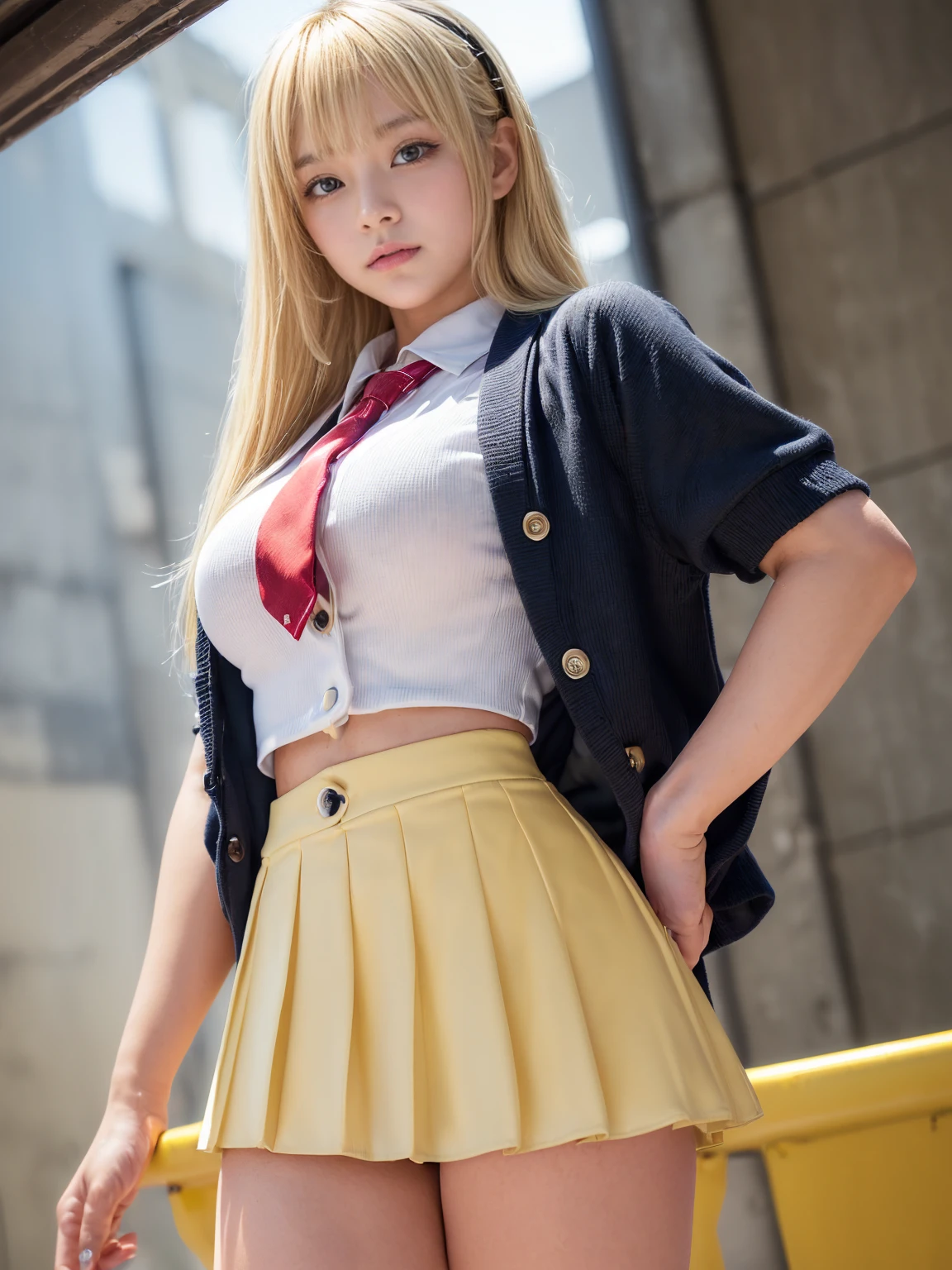 1girl, solo, looking at viewer, black eyes, skirt, blonde hair, shirt, thighhighs, school uniform, white shirt, ponytail, short sleeves, cowboy shot, pleated skirt, necktie, white thighhighs, lips, zettai ryouiki, plaid, plaid skirt, realistic, nose, shirt tucked in,