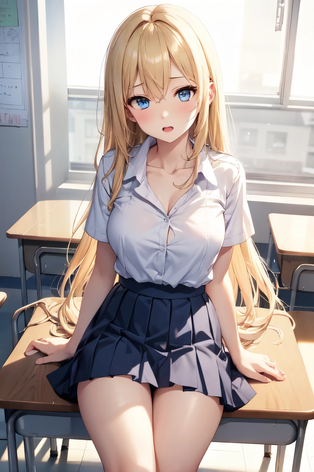  horny middle school girls 、 beautiful blonde girl、 STRAIGHT LONG HAIR、 gals、Wide-open eyes、 blue eyes 、Short-sleeved uniform、 white collared blouse、Collarbone in full view、 Light Blue Skirt 、 pleated skirt、 horny thighs、Inner thighs、classroom