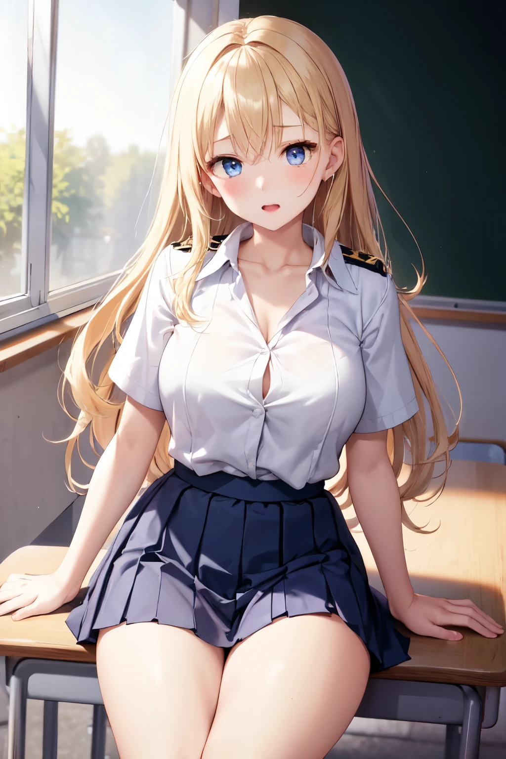 horny girls 、 beautiful blonde girl、 STRAIGHT LONG HAIR、 gals、Wide-open eyes、 blue eyes 、Short-sleeved uniform、 white collared blouse、Collarbone in full view、 Light Blue Skirt 、 pleated skirt、 horny thighs、Inner thighs、classroom