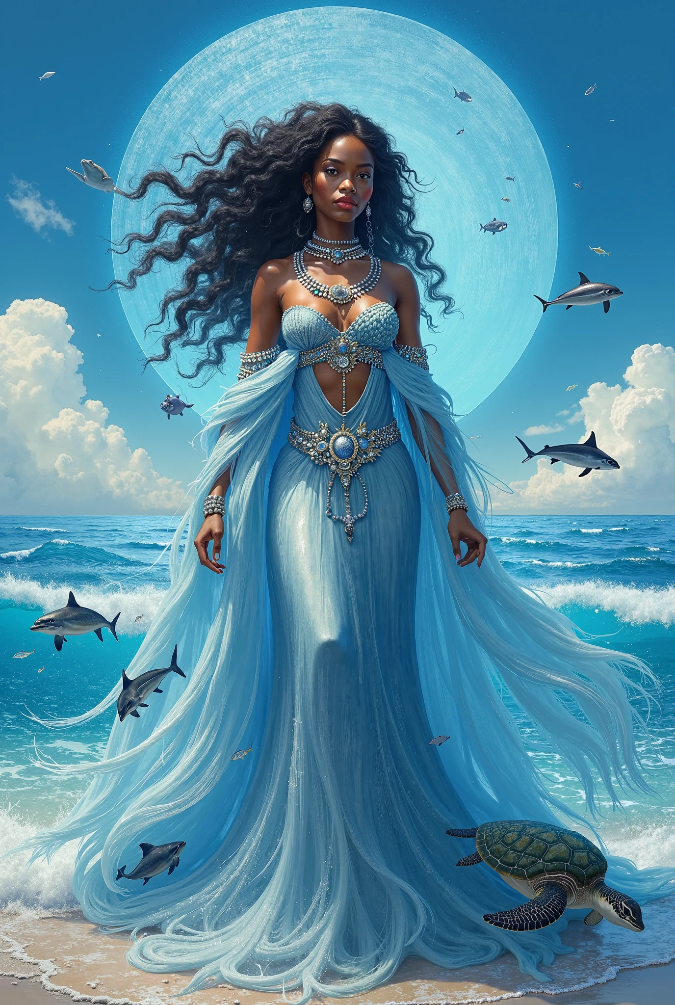 beautiful woman. brown skin, Queen of the sea, very long curly black hair. wind, inside the sea, sky blue and gold dress, snails, sea shells, bright blue eyes, many jewels, shoulder pads, whole body, full moon, black woman, breasts covered with pearl necklaces